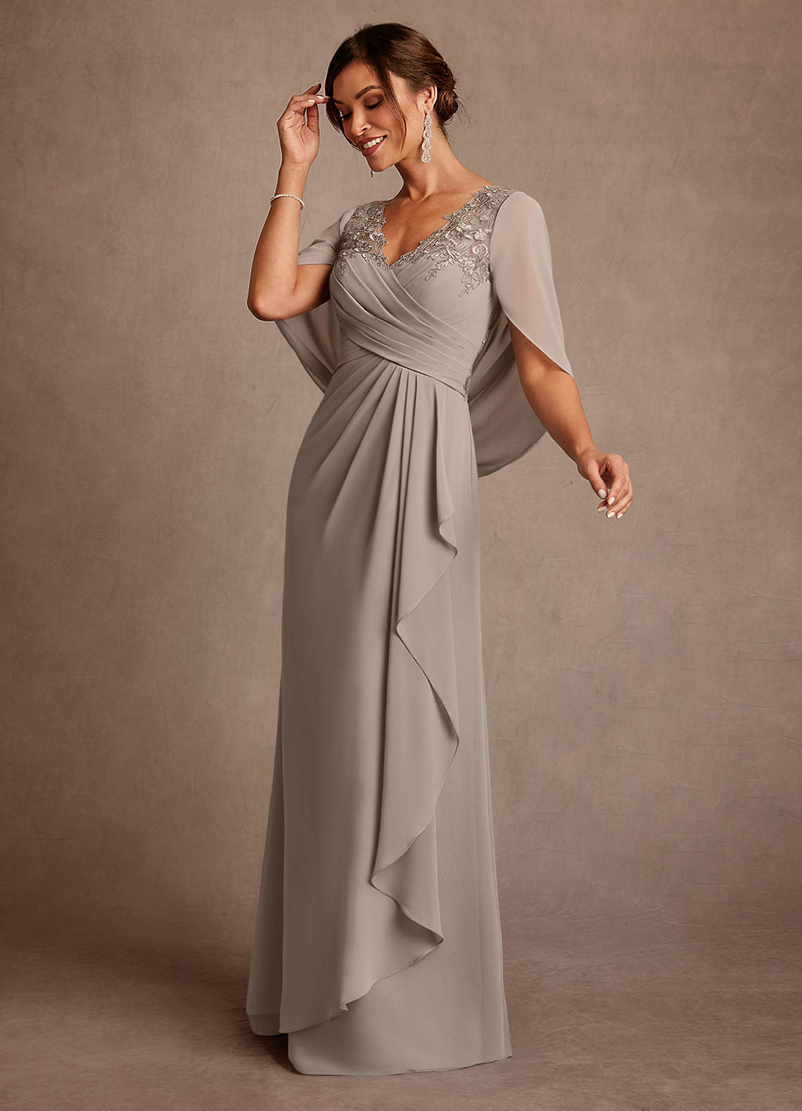 Azazie Santa Clara Taupe A-Line Lace Dress | Azazie