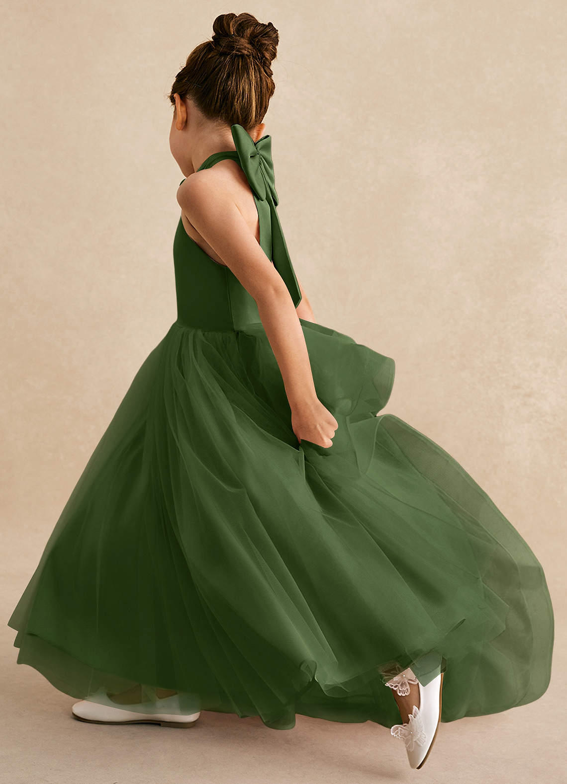 Azazie Bev Flower Girl Dresses Olive A-Line Convertible Tulle Dress image6