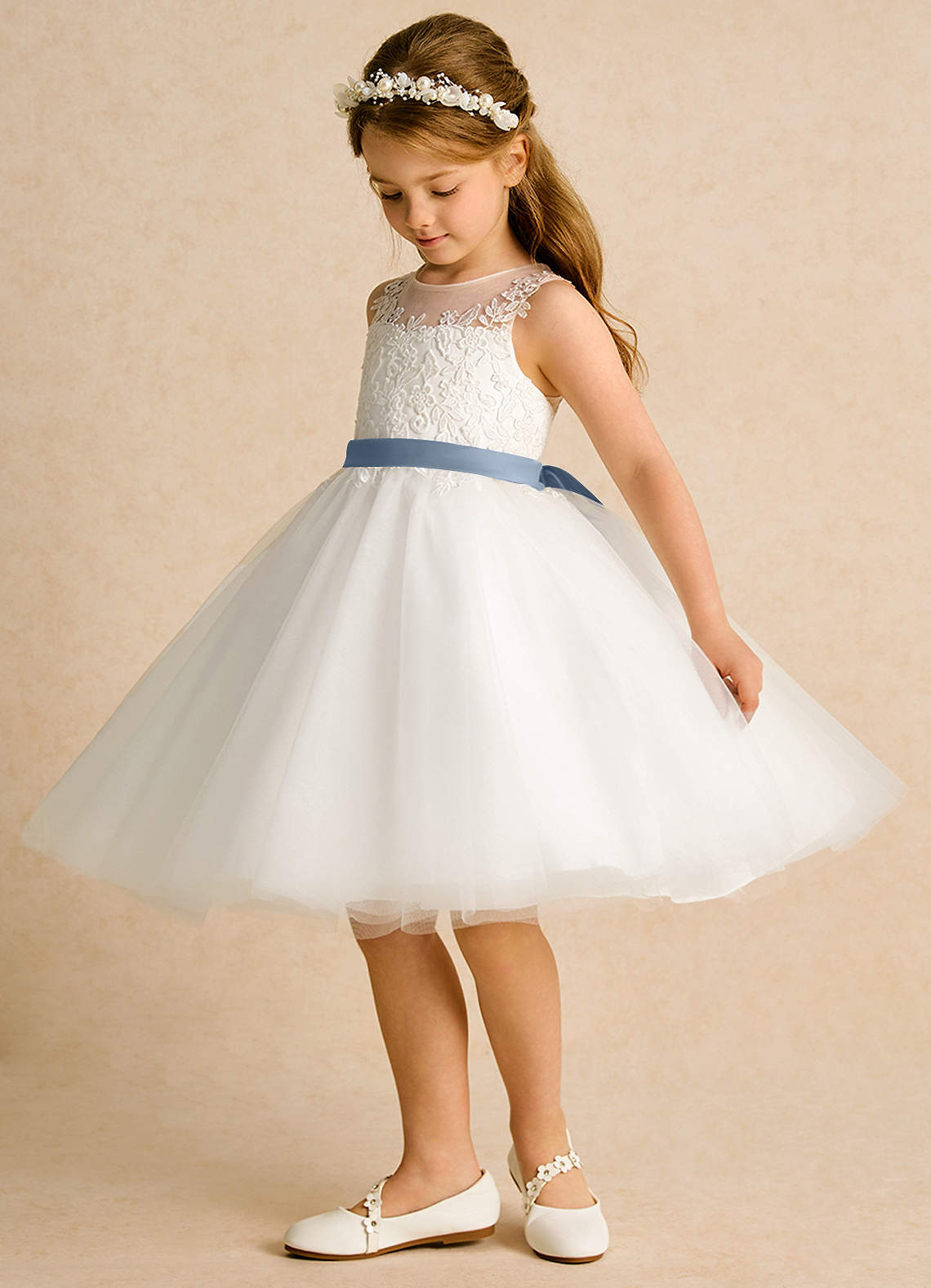 Azazie Lettie vestidos de niña de las flores Vestido de Marfil Azul Polvoriento de Encaje de Corte Princesa image2