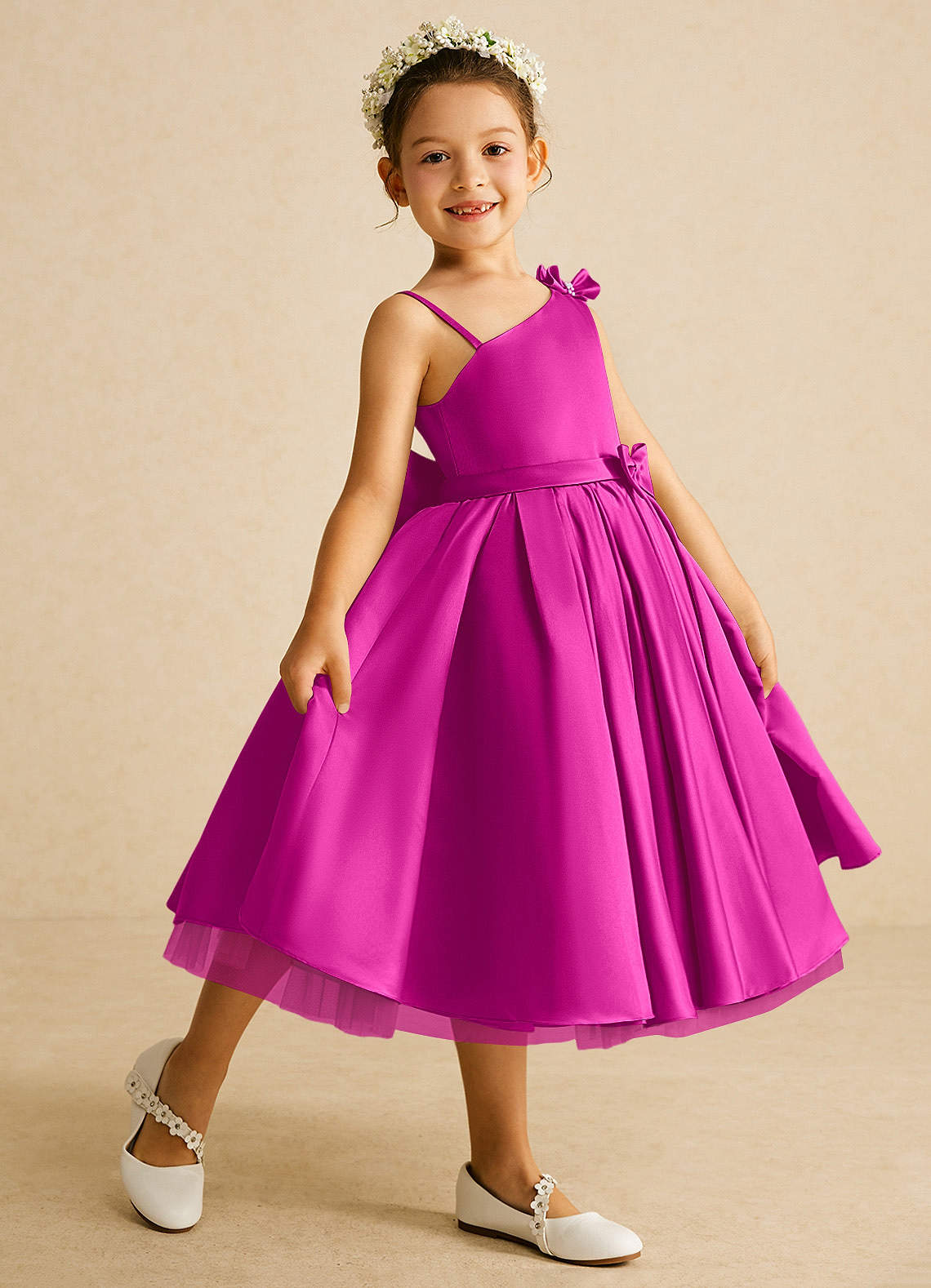 Azazie Lollipop Abiti da Ragazza di Fiori Abito A-Line in Raso Opaco Monospalla Fucsia image1