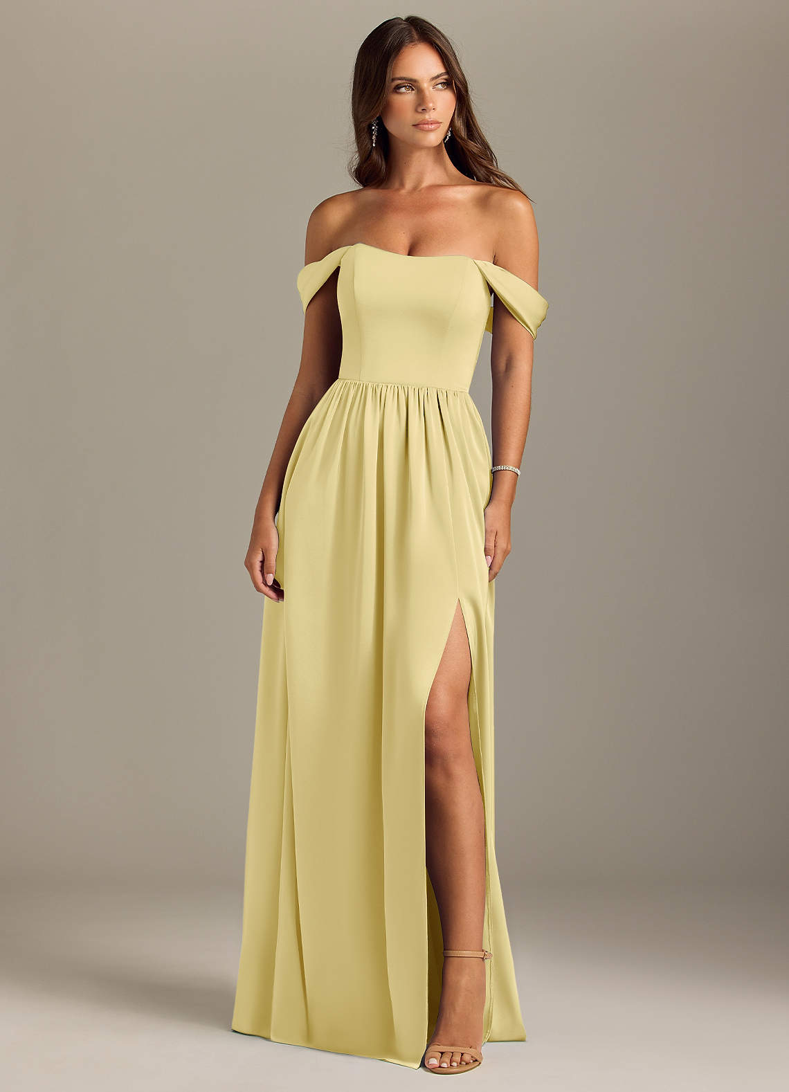 Azazie Calianna Bridesmaid Dresses Lemon Sorbet A-Line Off the Shoulder Stretch Satin Convertible Dress image1