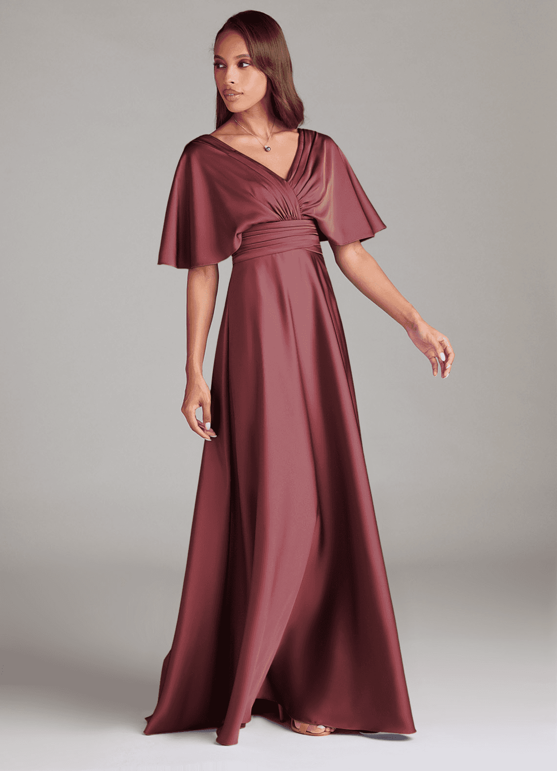merlot bridesmaid dresses A-Line Chiffon Satin V-Neck Long Bridesmaid Dress with Short Sleeves