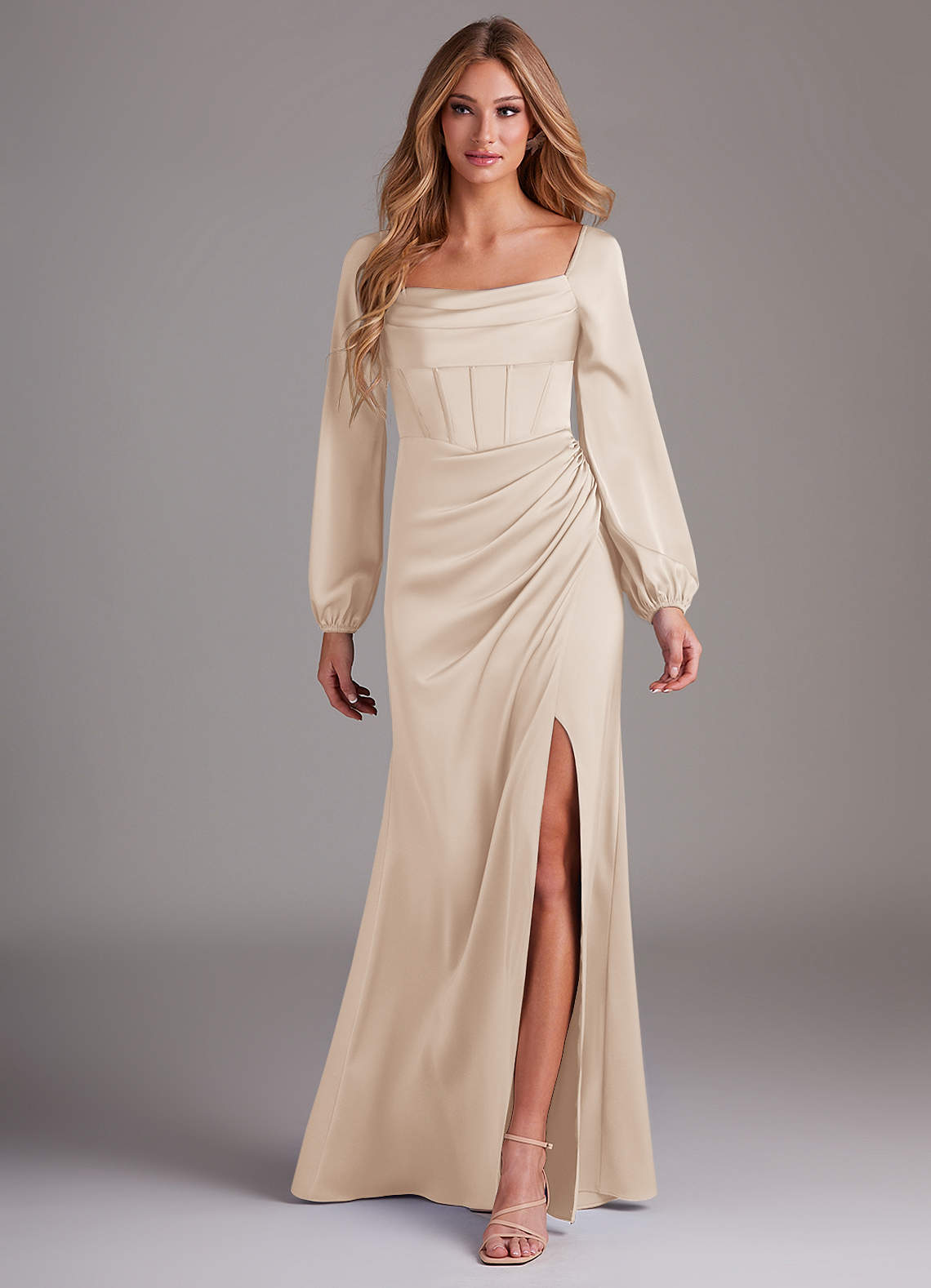 Azazie Charissa Bridesmaid Dresses White Alabaster Sheath Long Sleeve Stretch Satin Dress image1