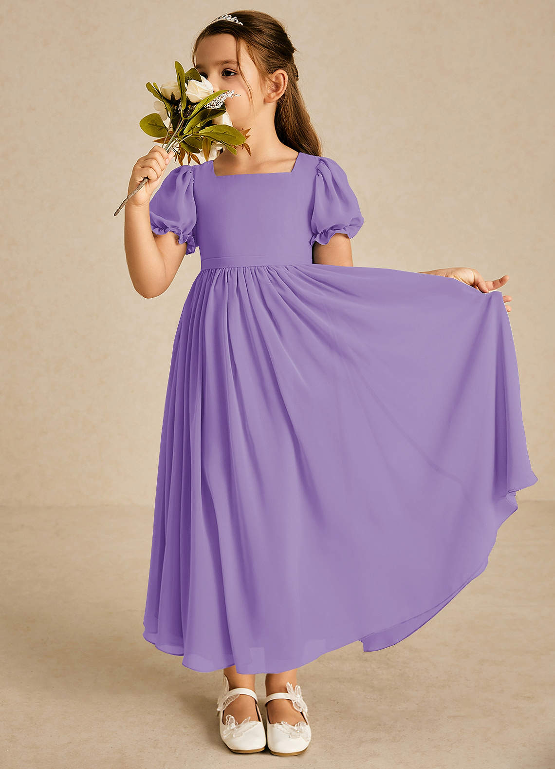 Azazie Joss Flower Girl Dresses Tahiti A-Line with Sleeves Chiffon Dress image1