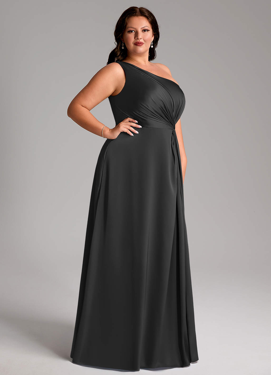 Azazie Brooke Bridesmaid Dresses Black A-Line One Shoulder Stretch Satin Dress image9