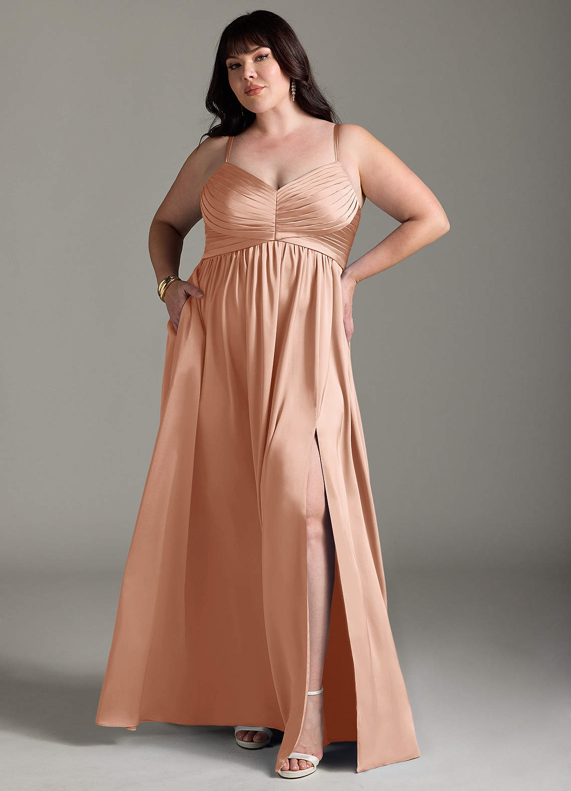 Azazie Alia Bridesmaid Dresses Rose Gold A-Line Pleated Stretch Satin Dress image1