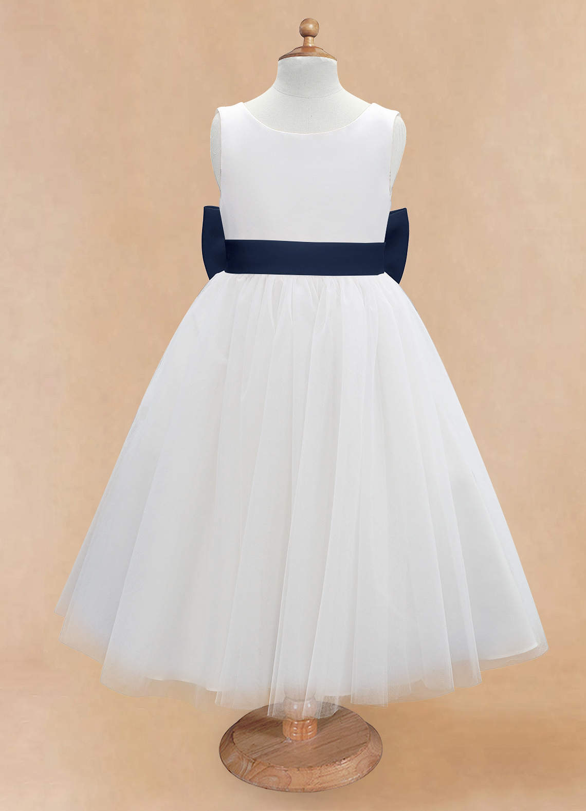 Azazie Kavi Flower Girl Dresses Ivory Dark Navy A-Line Bow Matte Satin Dress image6