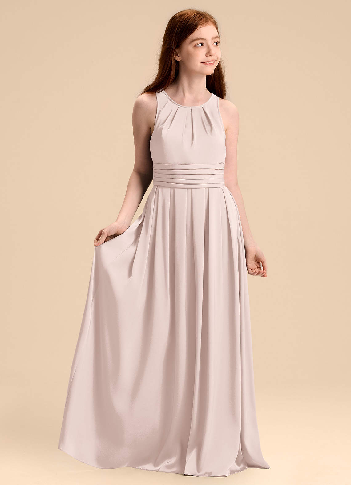 Azazie Bibiane Junior Jurk van Stretch Satijn met A-Lijn Geplooid Blozend Roze image1