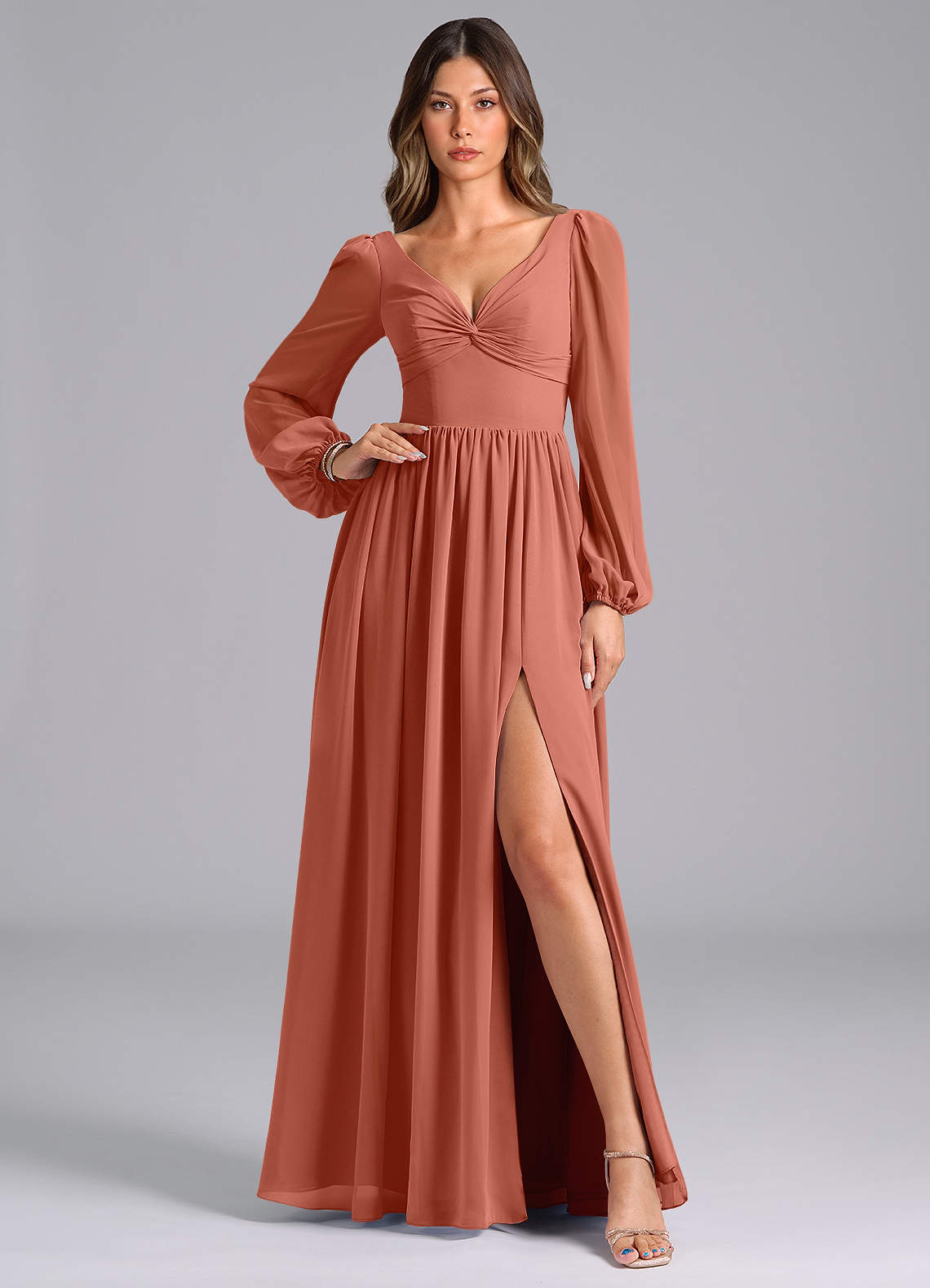 Azazie Teri Bridesmaid Dresses Clay A-Line Long Sleeve Chiffon Dress image1