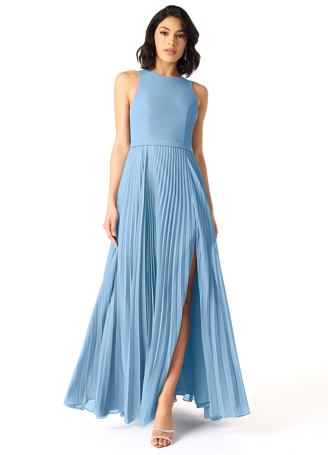 Azazie Lindie Bridesmaid Dresses Steel Blue A-Line Scoop Pleated Chiffon Dress image1