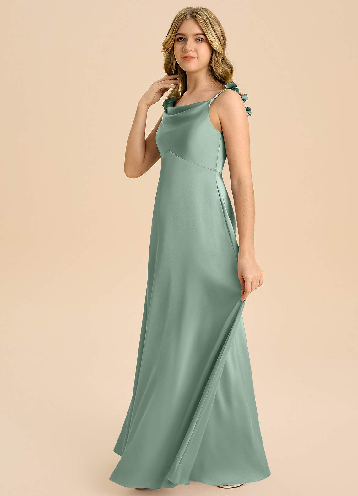 Azazie Gumdrop Junior Agave Empire Pleated Stretch Satin Dress image4