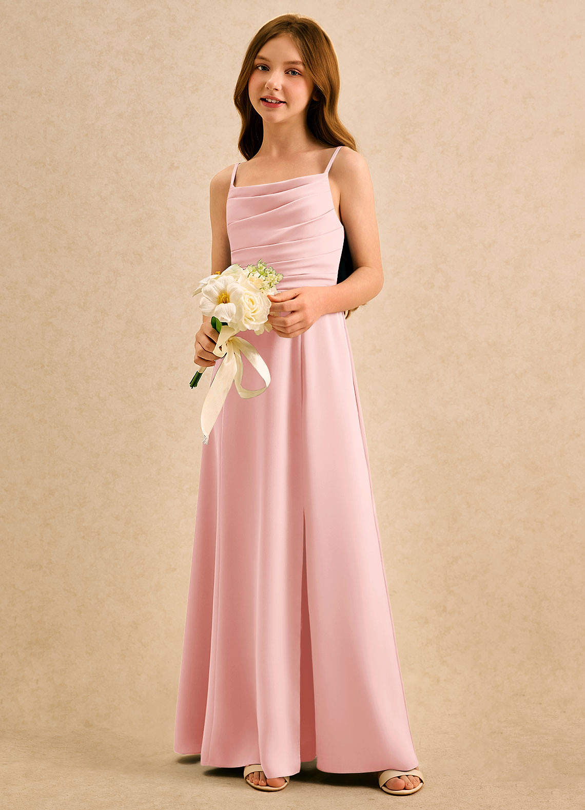 Azazie Chamomile Girls Formal Sukienki dla dziewczynek sypiących kwiaty Linia A Pofałdowany Satyna elastyczna Długość podłogi Sukienka image2