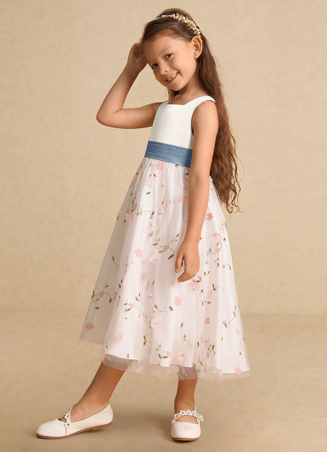 Azazie Pollie Flower Girl Dresses Blushing Pink Dusty Blue A-Line Bow Tulle Dress image8