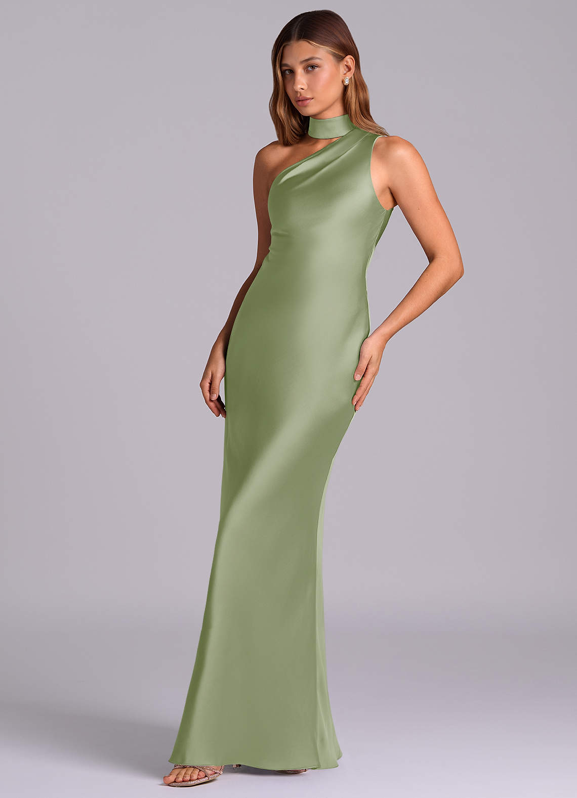 Azazie Seona Klänningar att prova hemma Klä av Sjöjungfru i Stretch Satin Ena axeln Dusty Sage image5