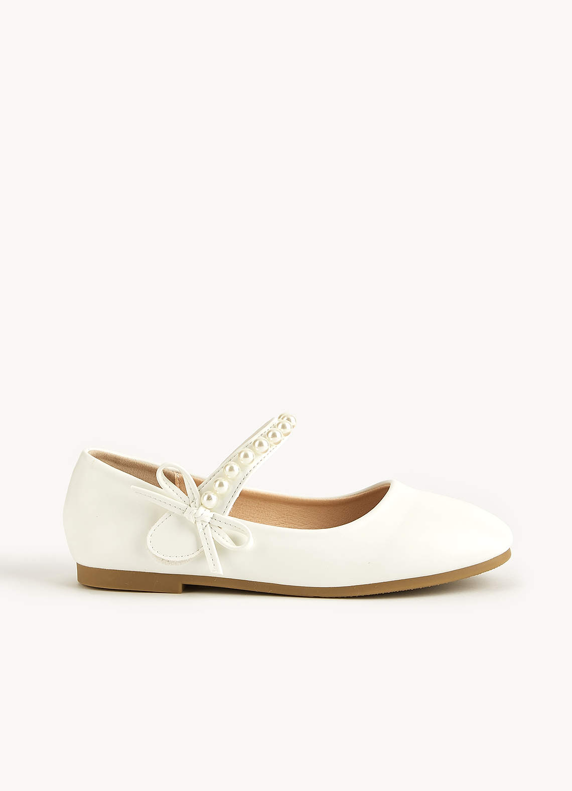 front Pearl Strap and Bow Girls Flat Shoes