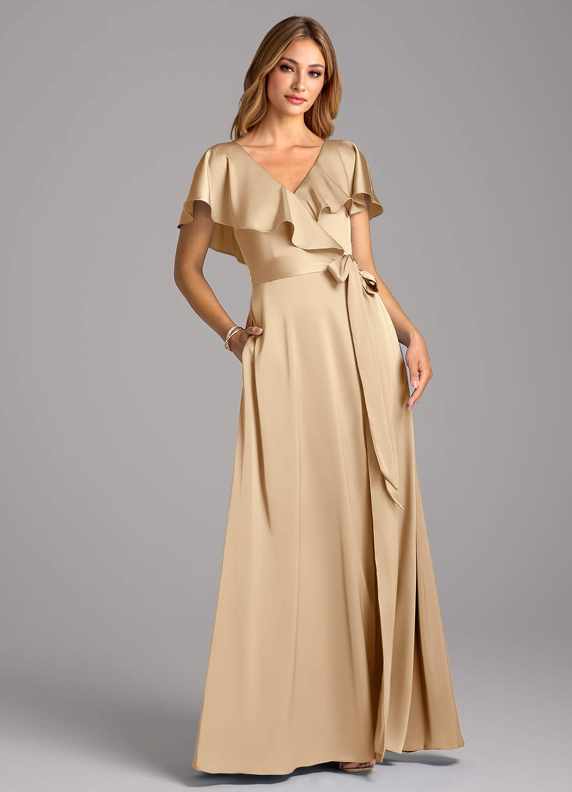 Azazie Lainey Bridesmaid Dresses Champagne A-Line with Pockets Stretch Satin Dress image1