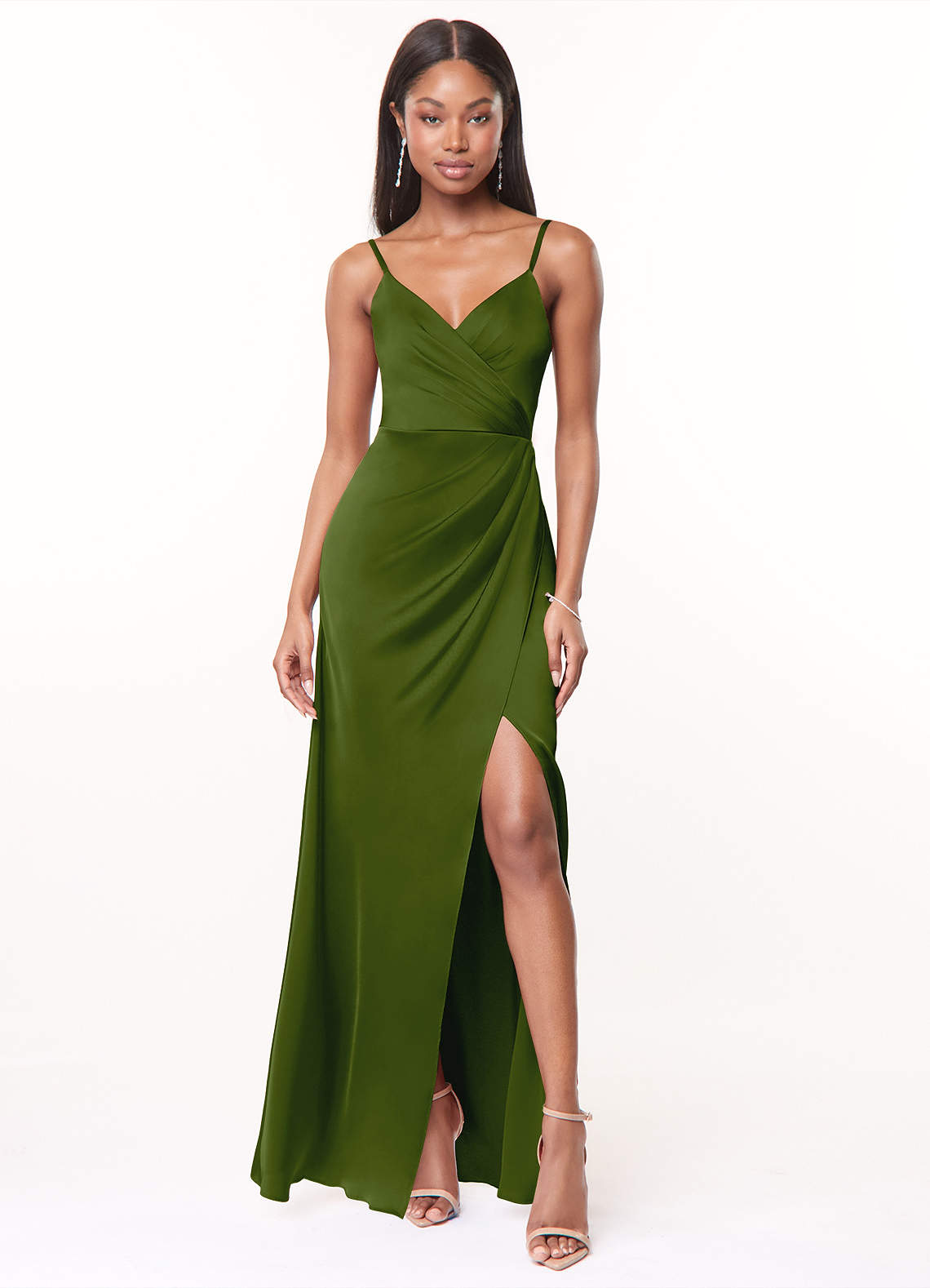 Azazie Maci Bridesmaid Dresses Juniper A-Line V-Neck Pleated Stretch Satin Dress image1