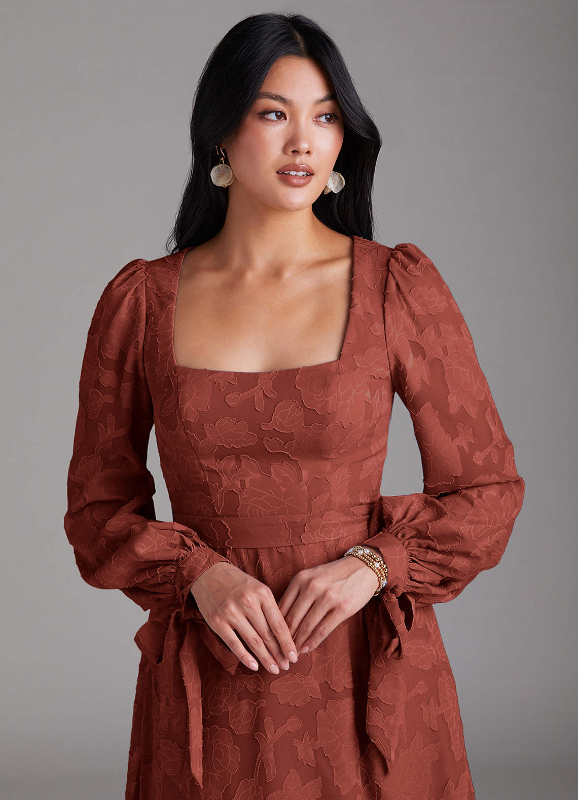 Azazie Leonia At-home Try On Dresses Terracotta A-Line Long Sleeve Floral Burnout Dress image5