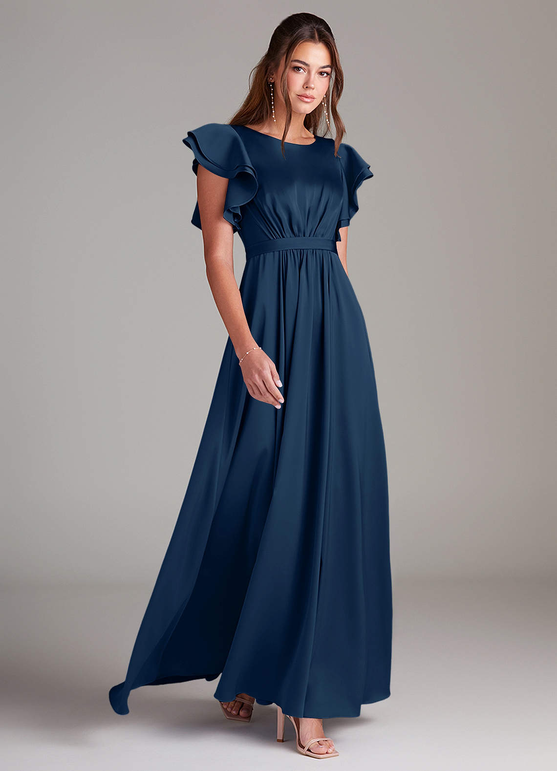 Azazie Daphne Modest Bridesmaid Dresses A-Line Ruched Stretch Satin Floor-Length Dress image2