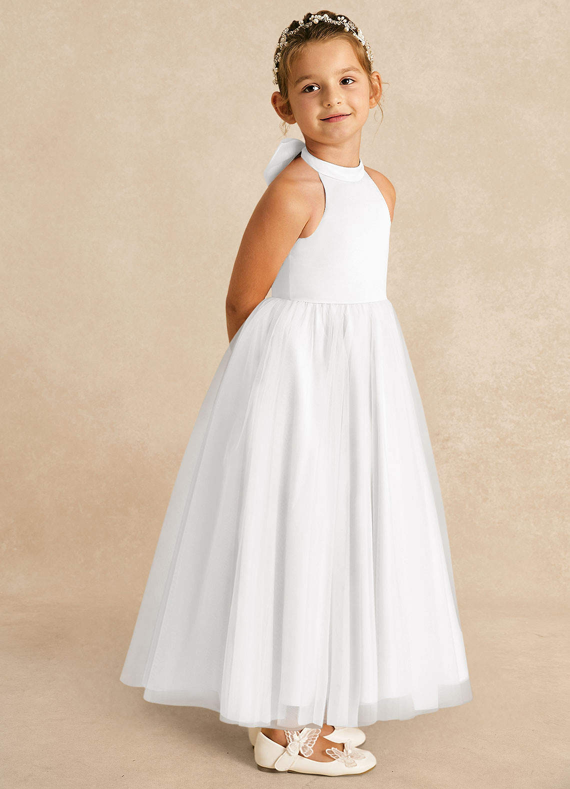 Azazie Bev Blumenmädchenkleider A-Linie Cabrio Tüll Kleid Weiß image7