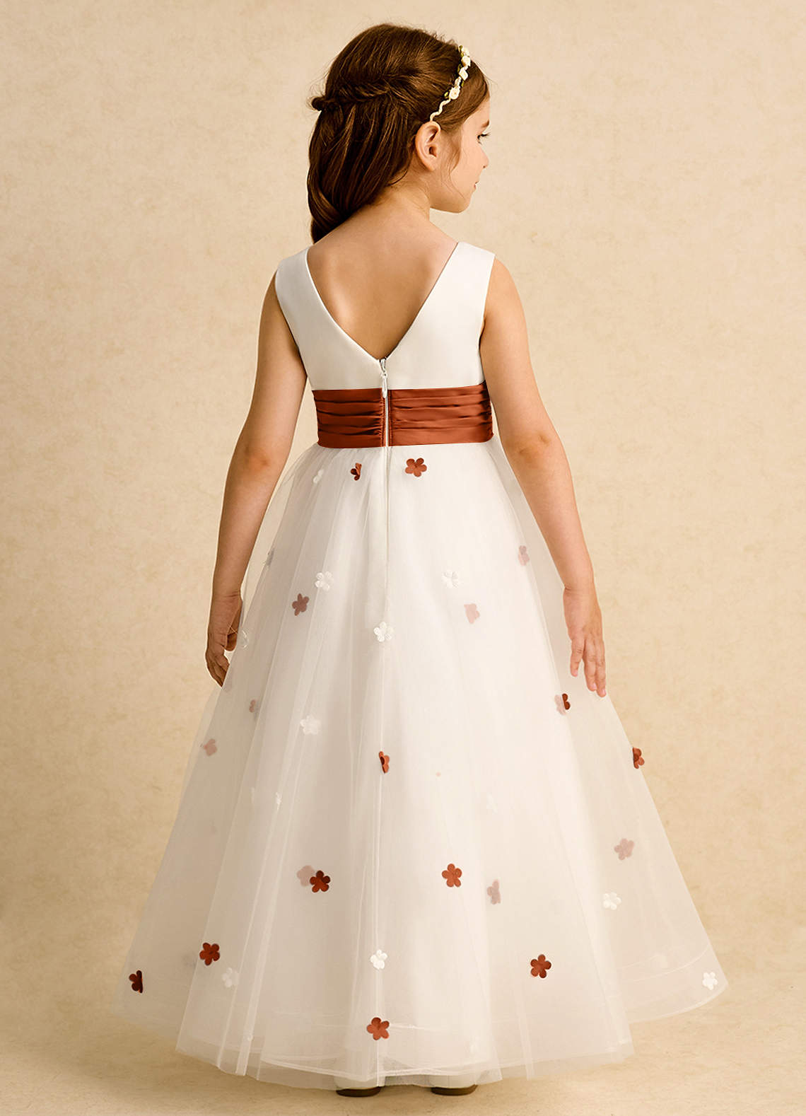 Azazie Cricket Flower Girl Dresses Ivory Burnt Orange Ball-Gown Pleated Matte Satin Dress image1