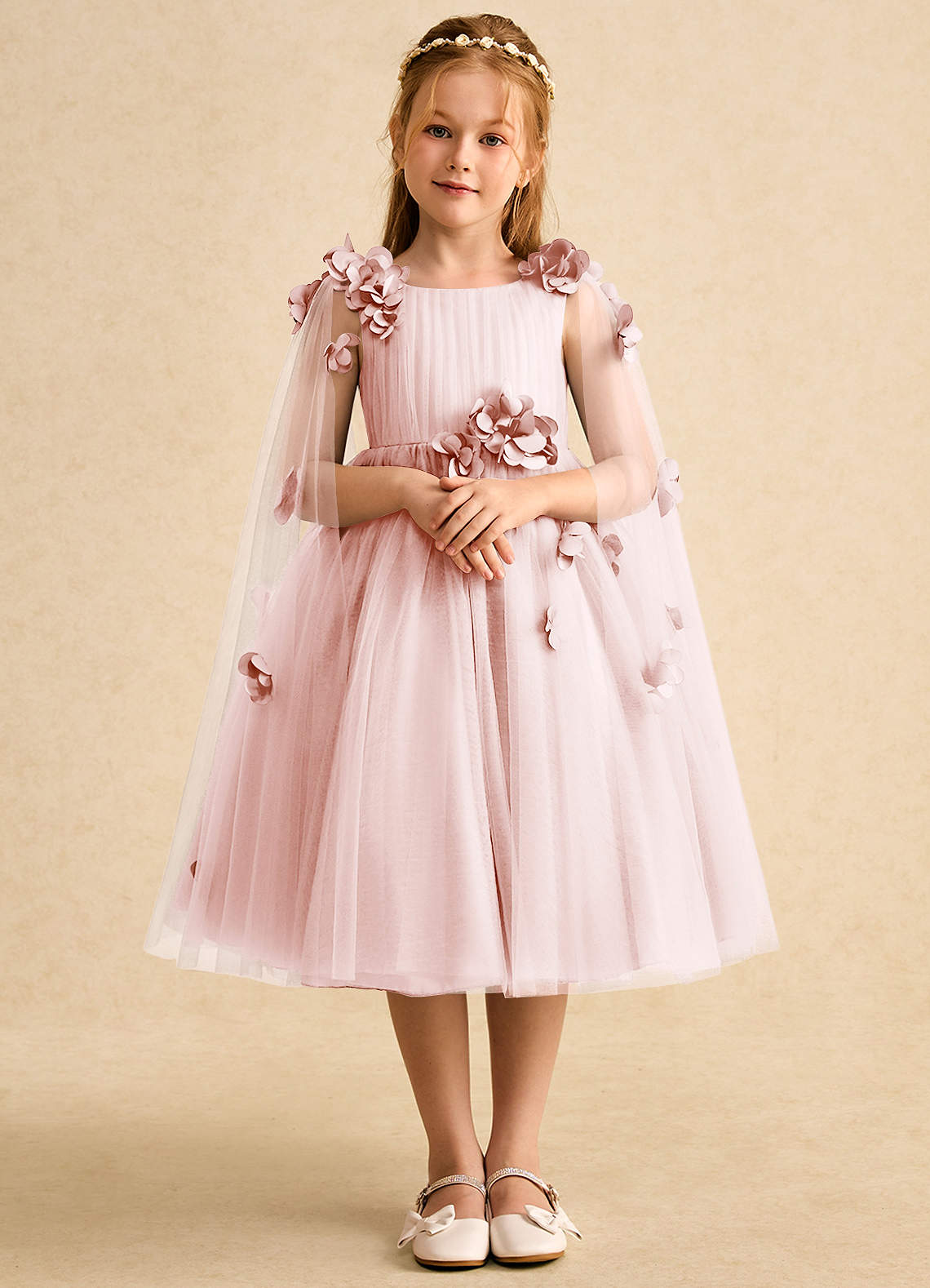 Azazie Staria Flower Girl Dresses Blushing Pink Ball-Gown Ruched Tulle Dress image1