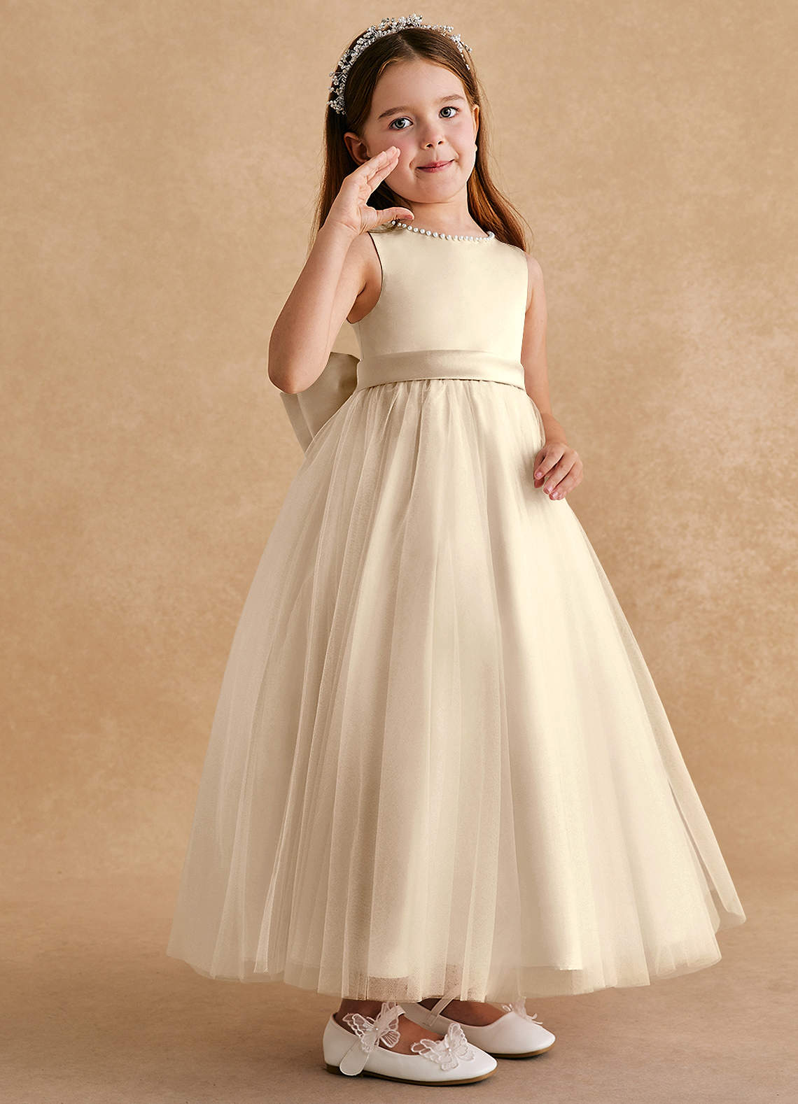 Azazie Cookie Flower Girl Dresses Champagne A-Line Bow Tulle Dress image1