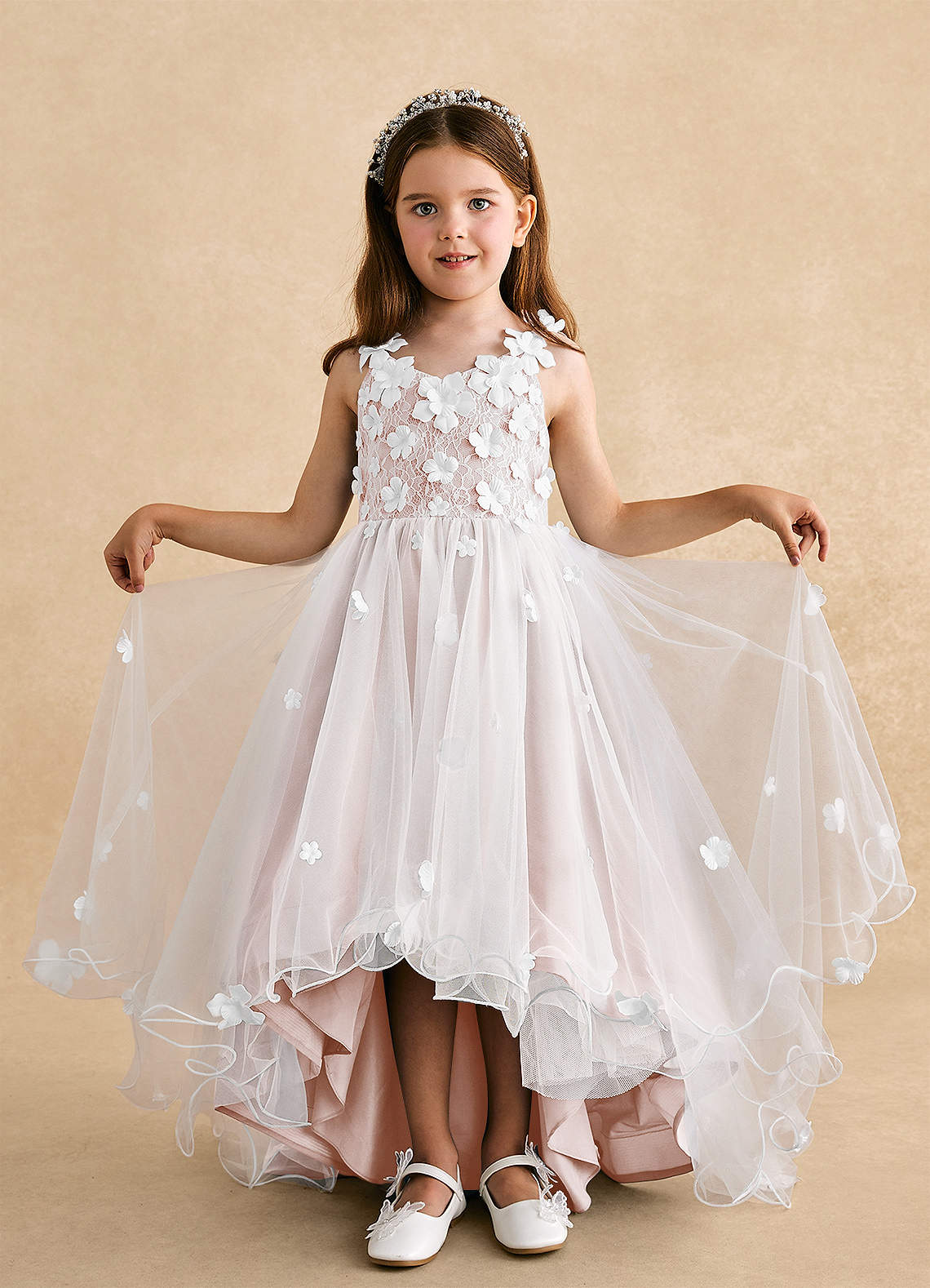 Azazie Celia Flower Girl Dresses Blushing Pink A-Line Lace Tulle Dress image3