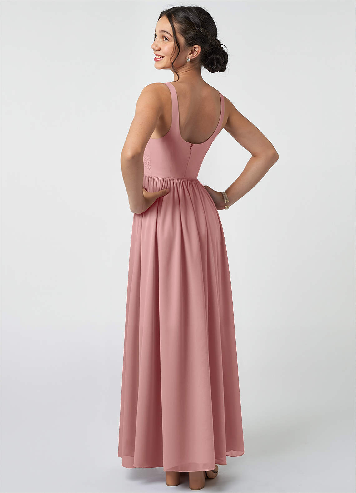 Azazie Keyla Junior A-Linie Plissee Chiffon Kleid Altrosa image3