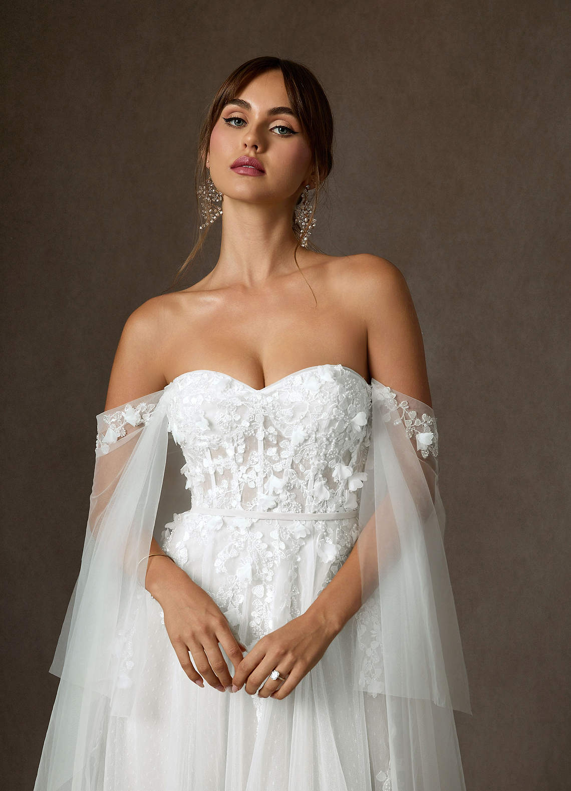 Azazie Wynery Wedding Dresses Diamond White Ball-Gown Off the Shoulder Lace Dress image2