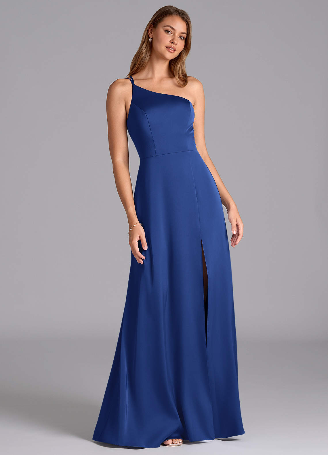 Azazie Trina Abiti da Damigella Abito A-Line in Raso Elasticizzato Monospalla Blu Reale image1