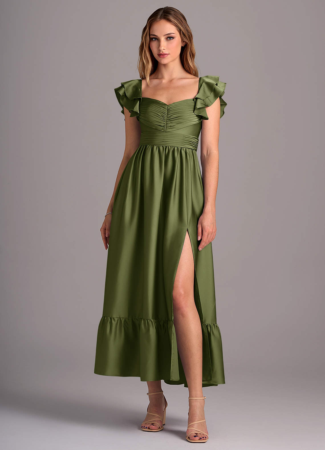 Azazie Anaya Bridesmaid Dresses Olive A-Line Sweetheart Neckline Stretch Satin Convertible Dress image1