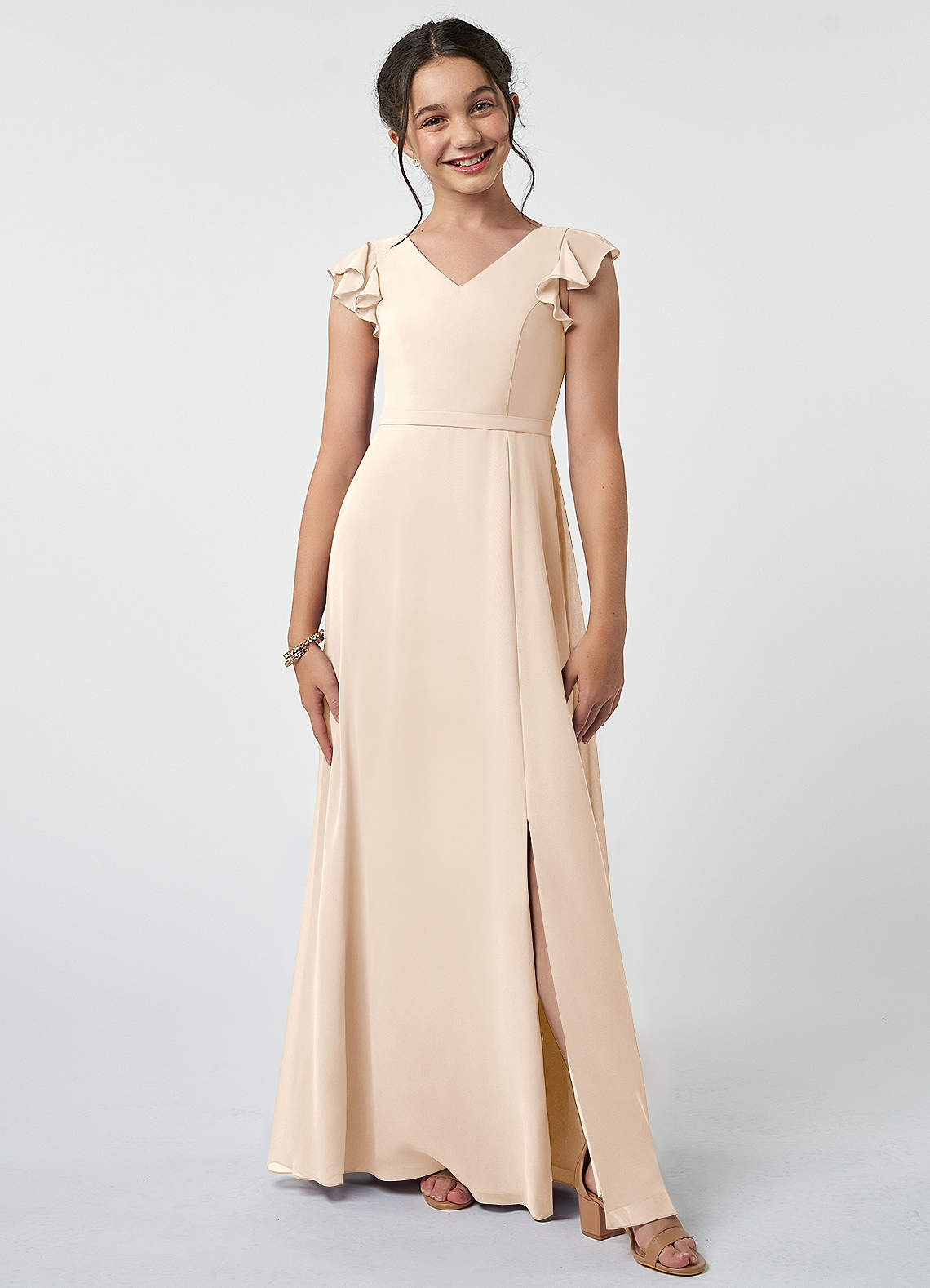Azazie Claudine Junior White Alabaster A-Line Pleated Chiffon Dress image1