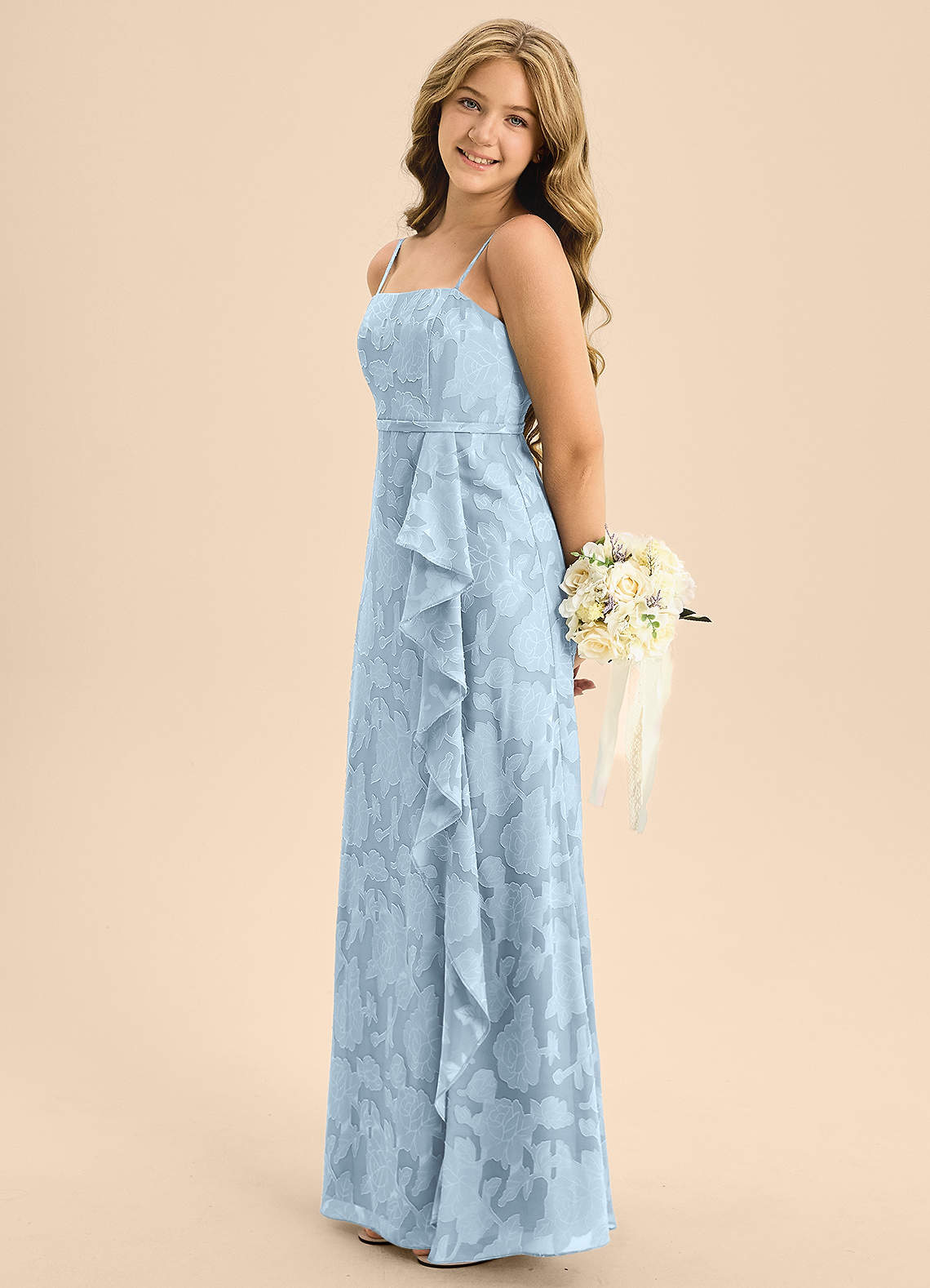 Azazie Kaylee Junior Vestido de Azul Cielo de Devorado Floral de Corte En A con Con cinturón image4