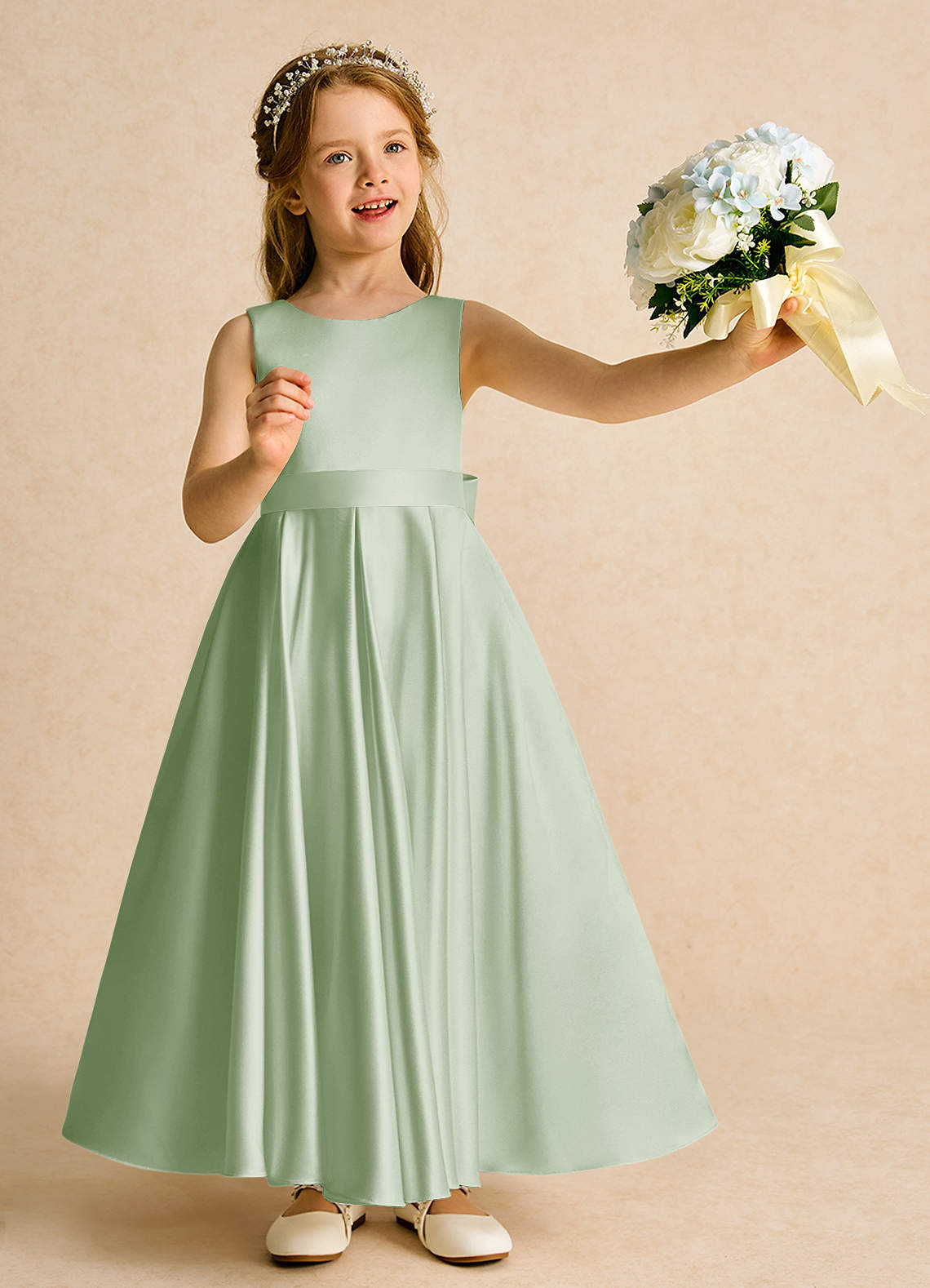 Azazie Cherry Flower Girl Dresses Dusty Sage Dusty Sage Ball-Gown Pleated Matte Satin Dress image1