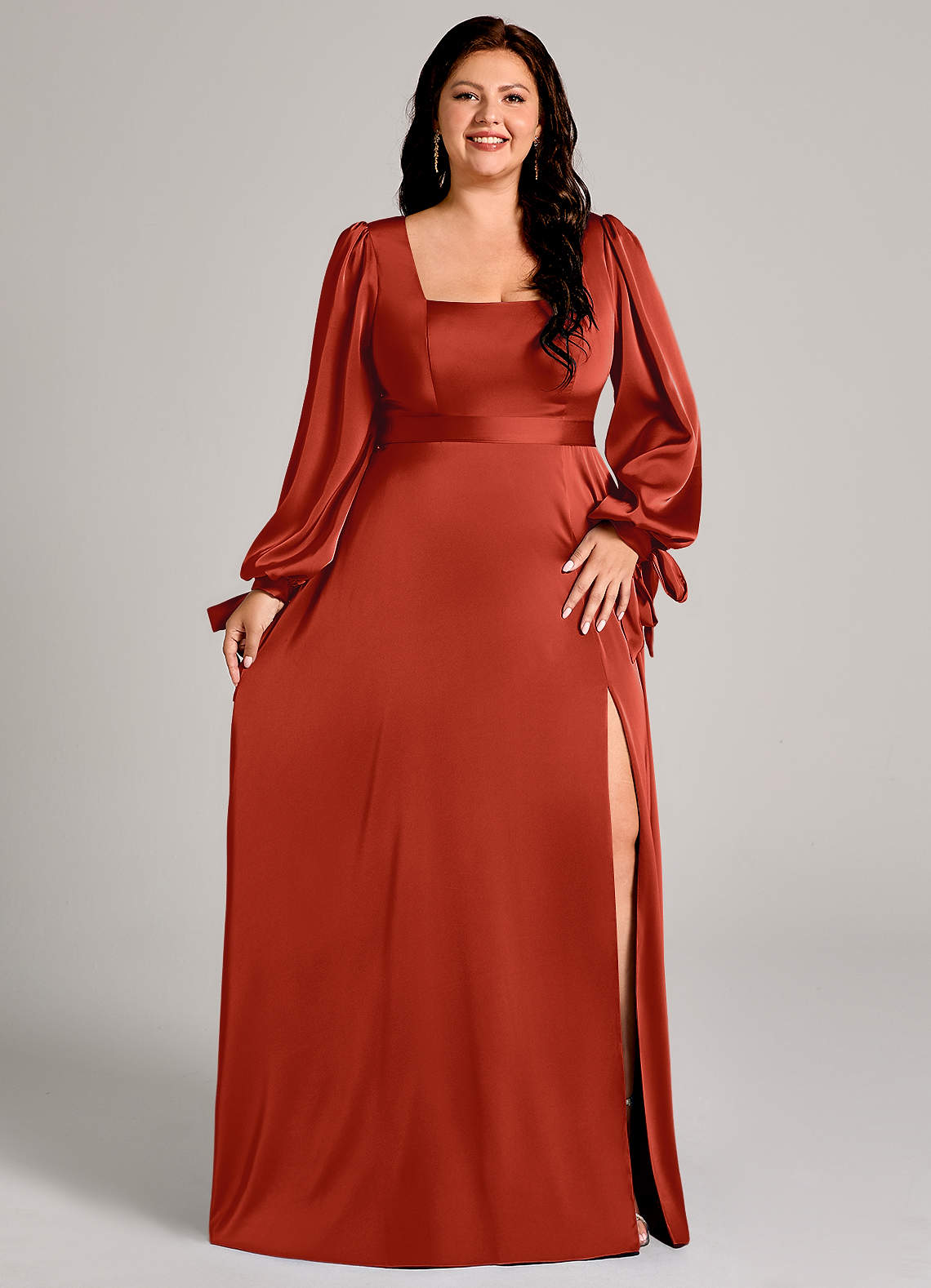 Azazie A-Line Square Neck Long Sleeve Floor-Length Stretch Satin Bridesmaid Dresses - Rust