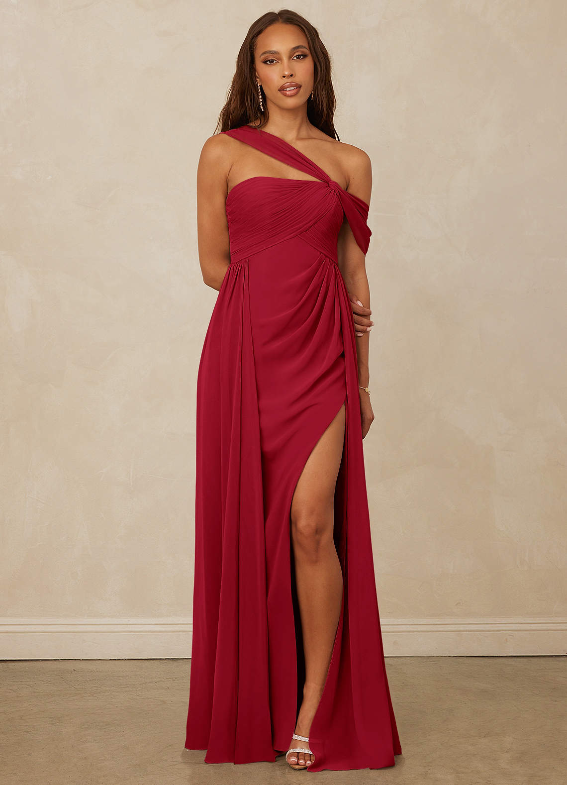 Christian Siriano Bridal for Azazie 1014 Bridesmaid Dresses Scarlet A-Line Off the Shoulder Chiffon Dress image1