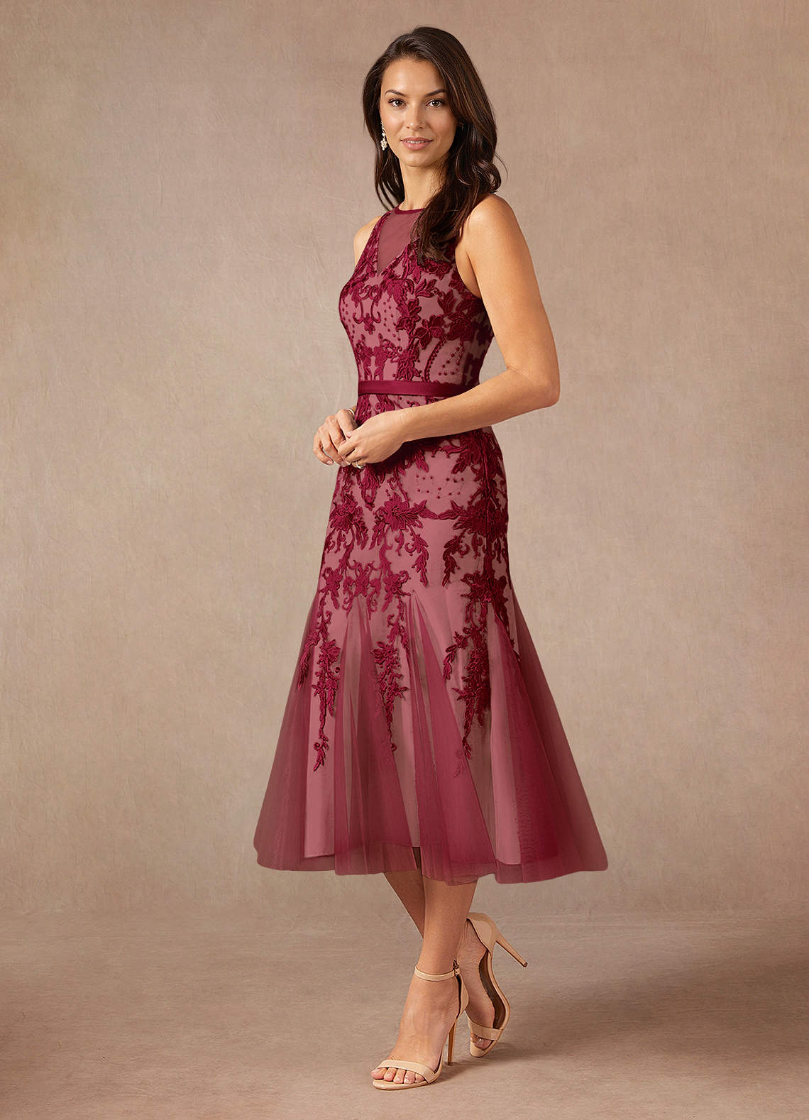 Azazie Herrin Burgundy Champagne Mermaid Lace Dress | Azazie