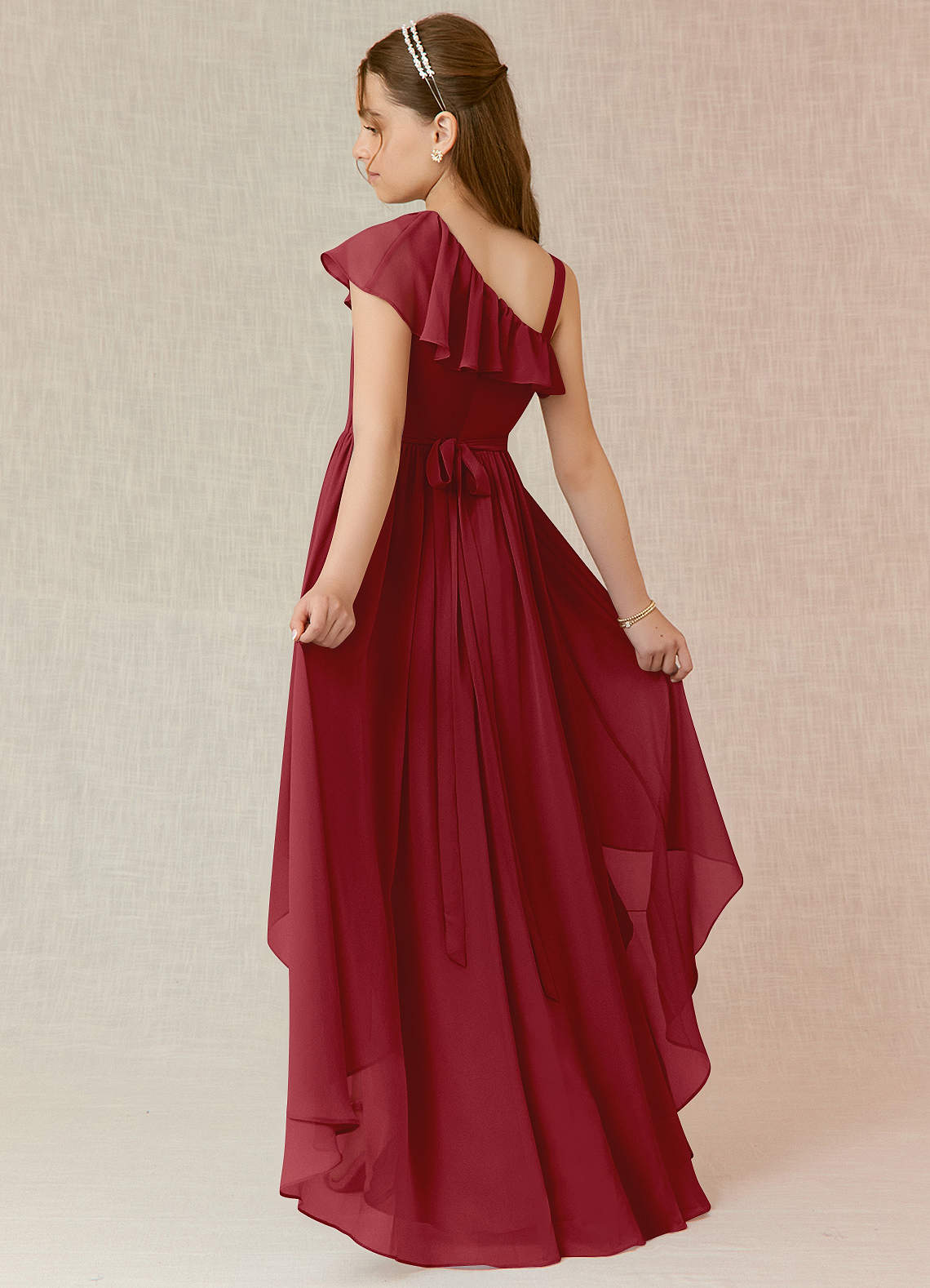 Azazie Mango Junior A-Linie Gestreift Chiffon Kleid Granatapfelrot image1