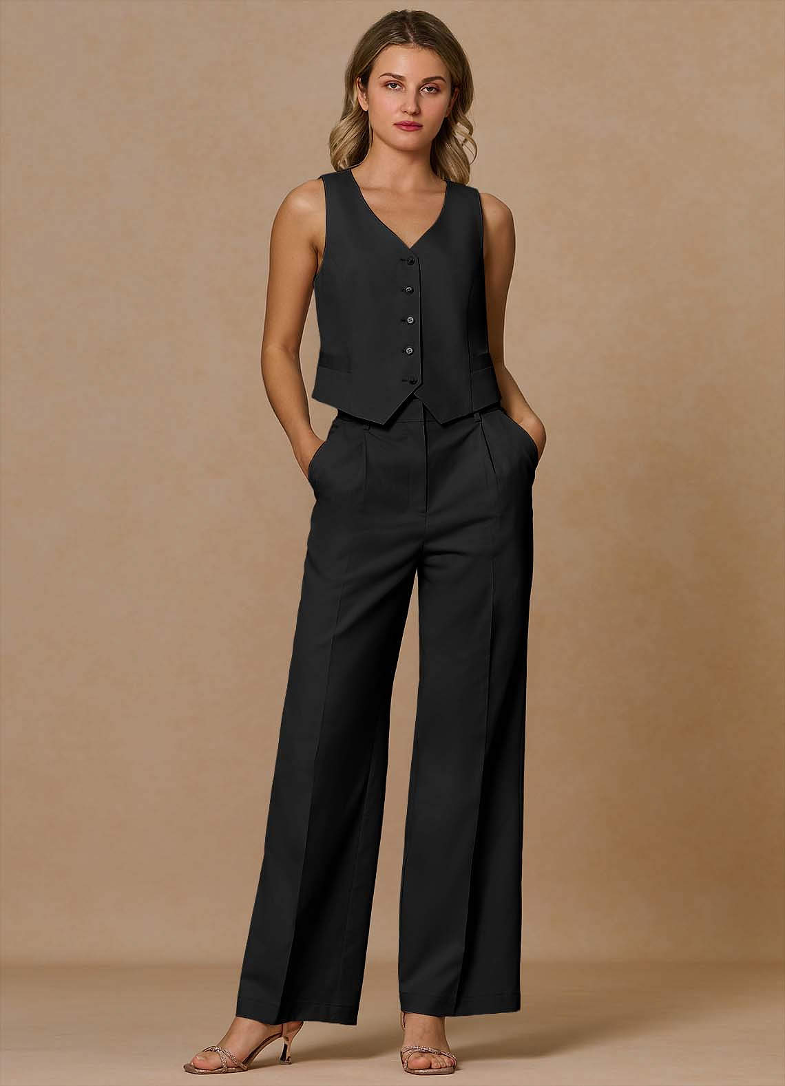 front Margaret Black Cotton Linen Blend 3-Piece Suit