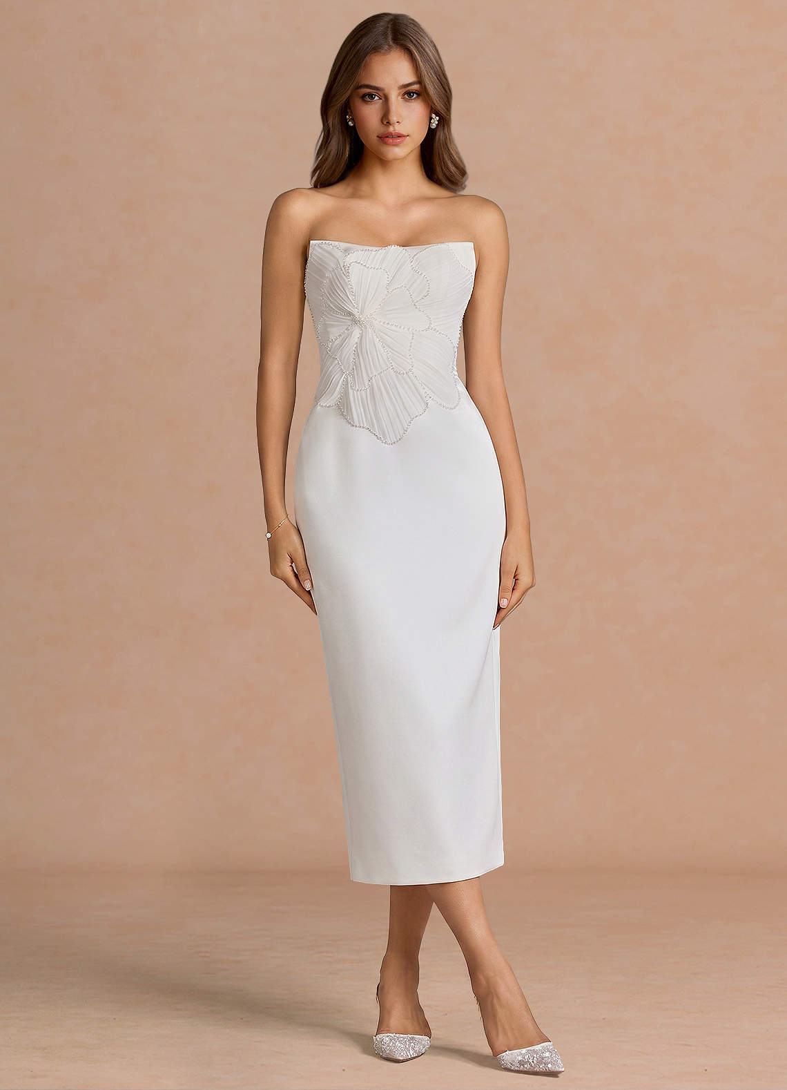 azazie white midi dress Azazie Midi Dresses Column Formal Dresses Bateau Beaded White