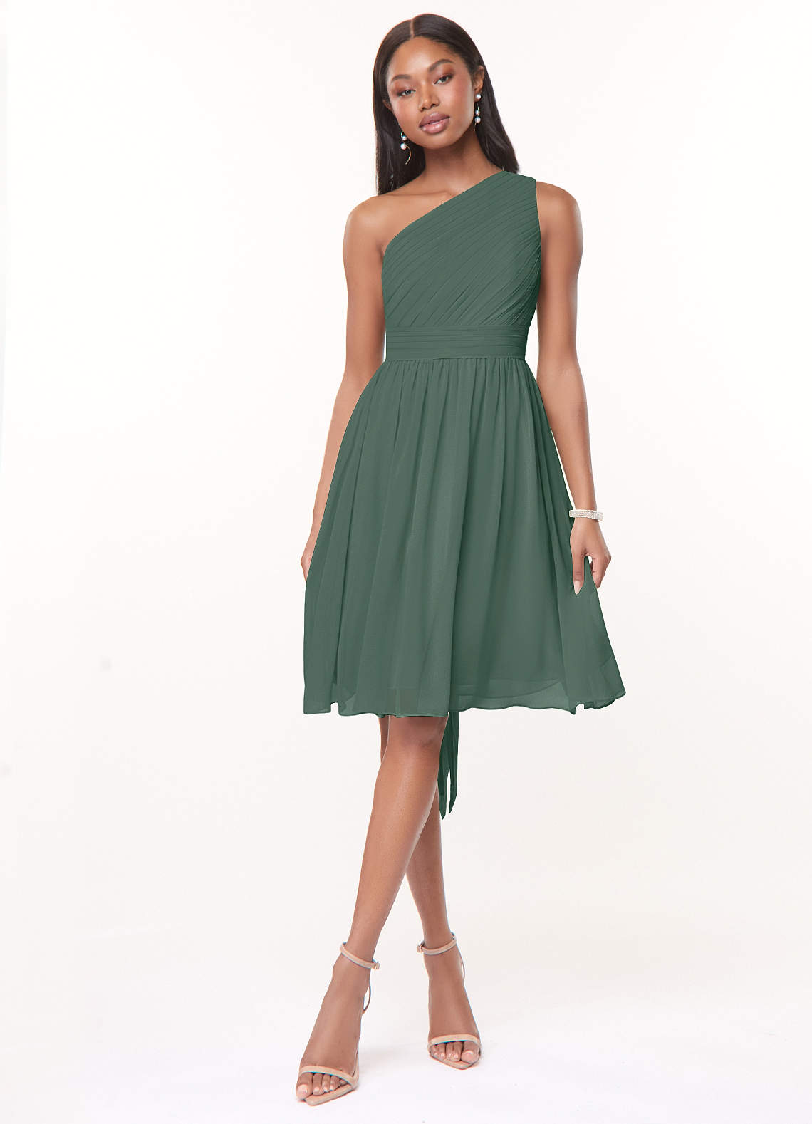 Azazie Katrina Abiti da Damigella Abito A-Line in Chiffon Monospalla Muschio Marino image1