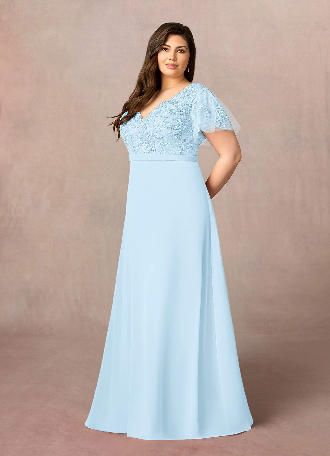 Azazie Singer vestidos de madre de la novia Vestido de Azul Cielo de Gasa de Corte en A con Encaje Cuello V image7