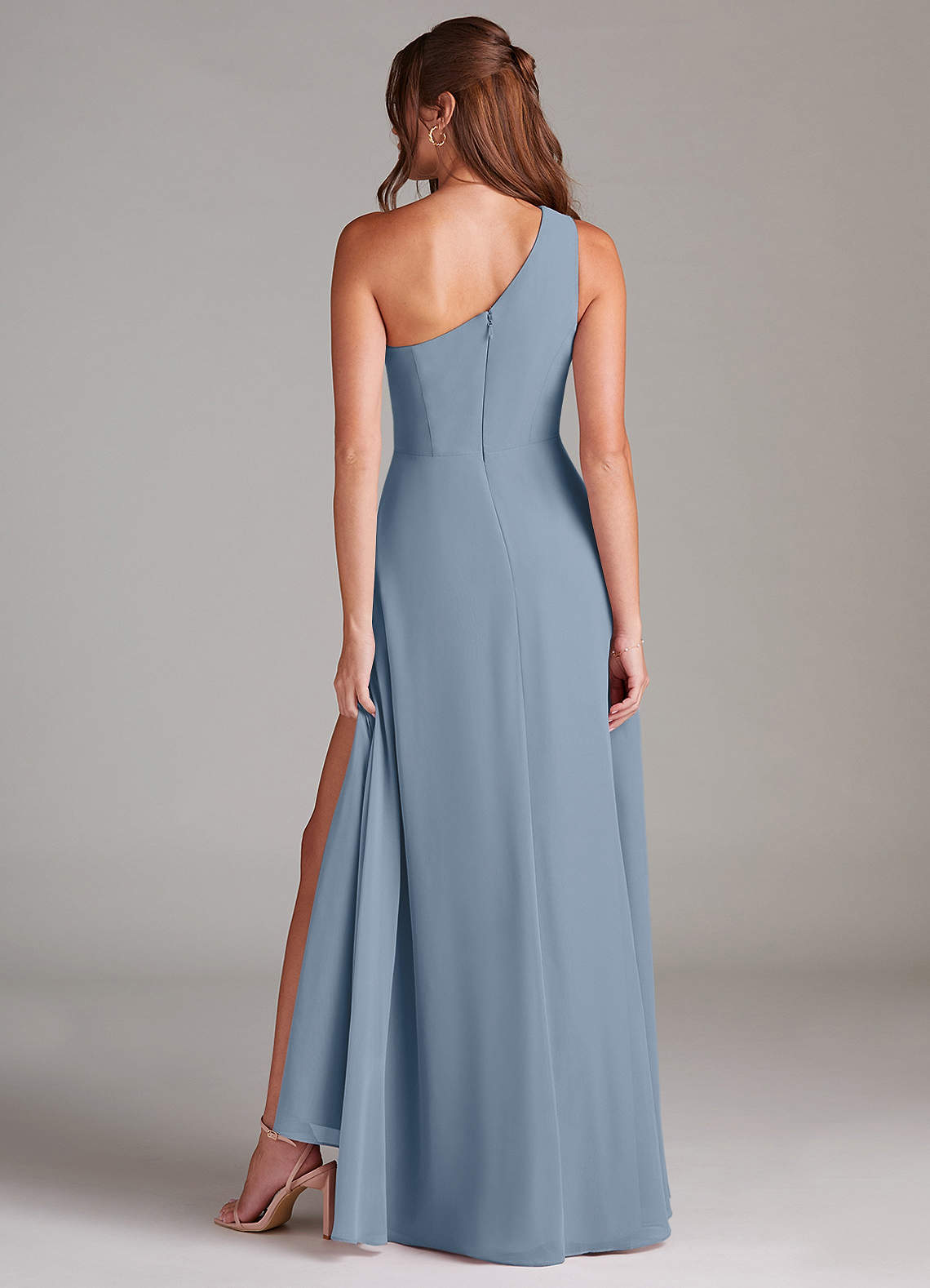 Azazie Brooke Bridesmaid Dresses Dusty Blue A-Line One Shoulder Chiffon Dress image6