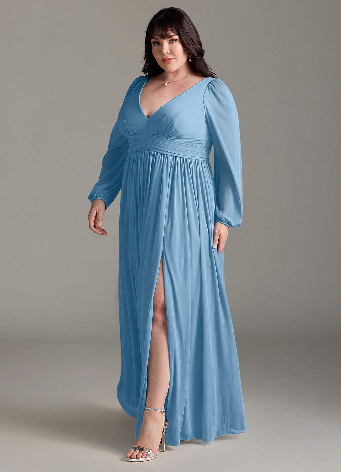 Azazie Norah Abiti da Damigella Abito A-Line in Chiffon con Maniche lunghe e Scollo a V Blu Acciaio image10