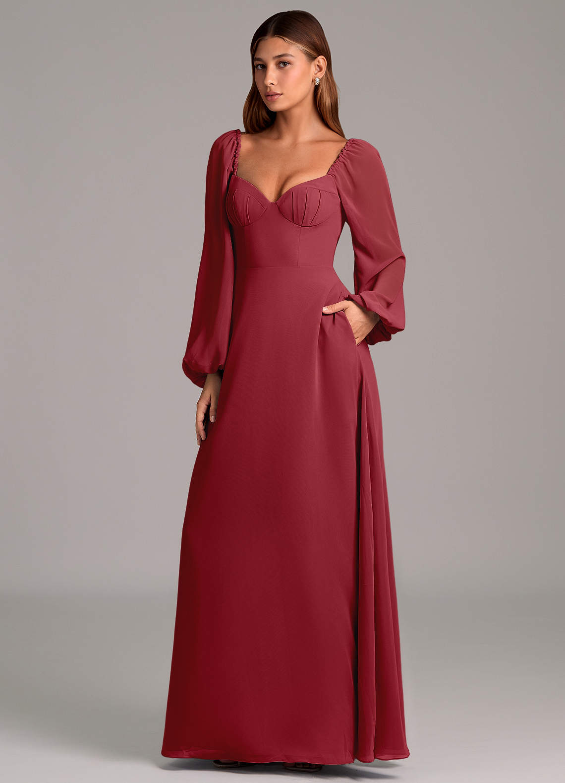 Azazie Annistyn Bridesmaid Dresses Pomegranate A-Line Long Sleeve Chiffon Dress image1