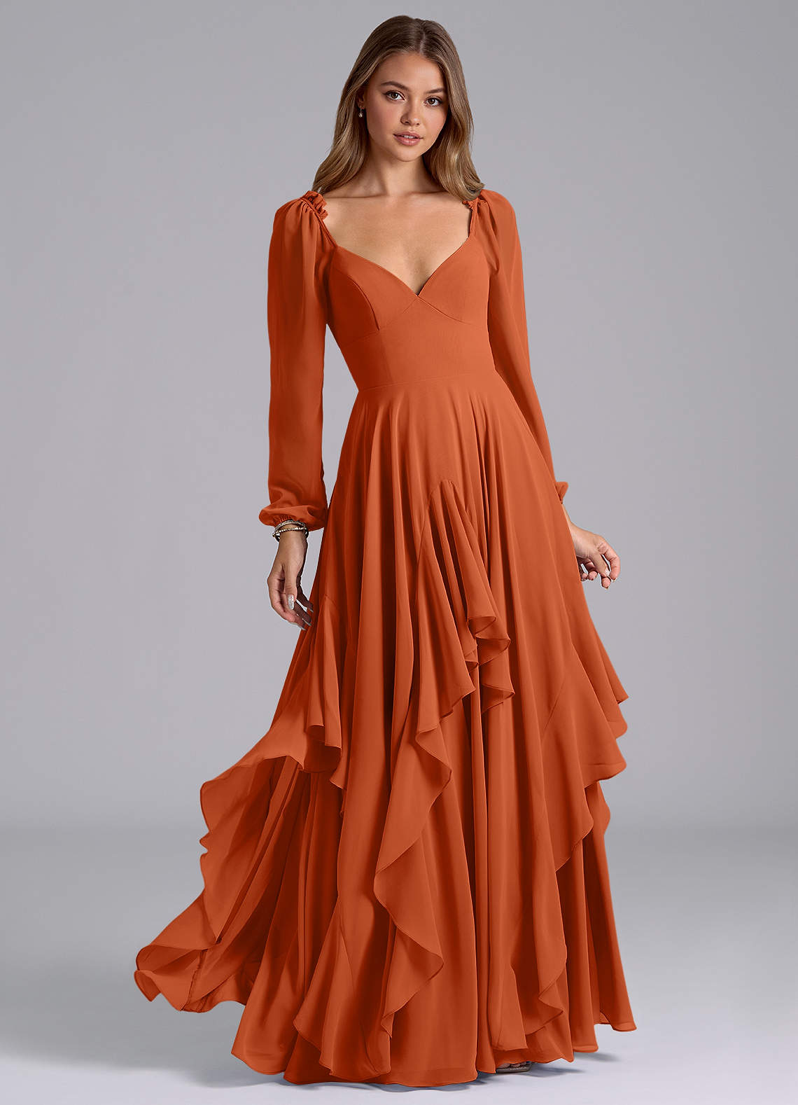 Azazie Karan Bridesmaid Dresses Burnt Orange A-Line Long Sleeve Chiffon Dress image1