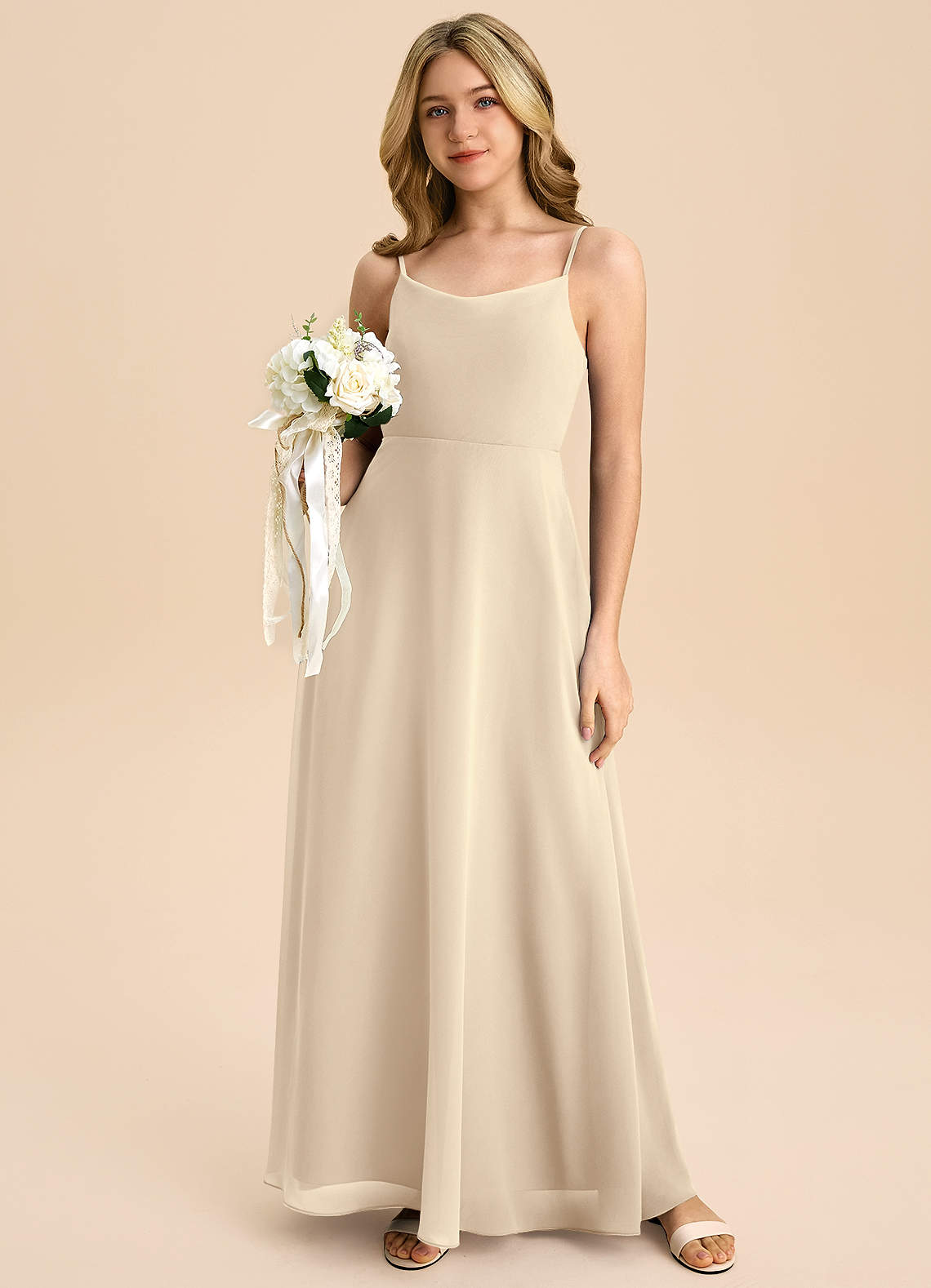 Azazie Shale Junior Champagne A-Line Bow Chiffon Dress image4