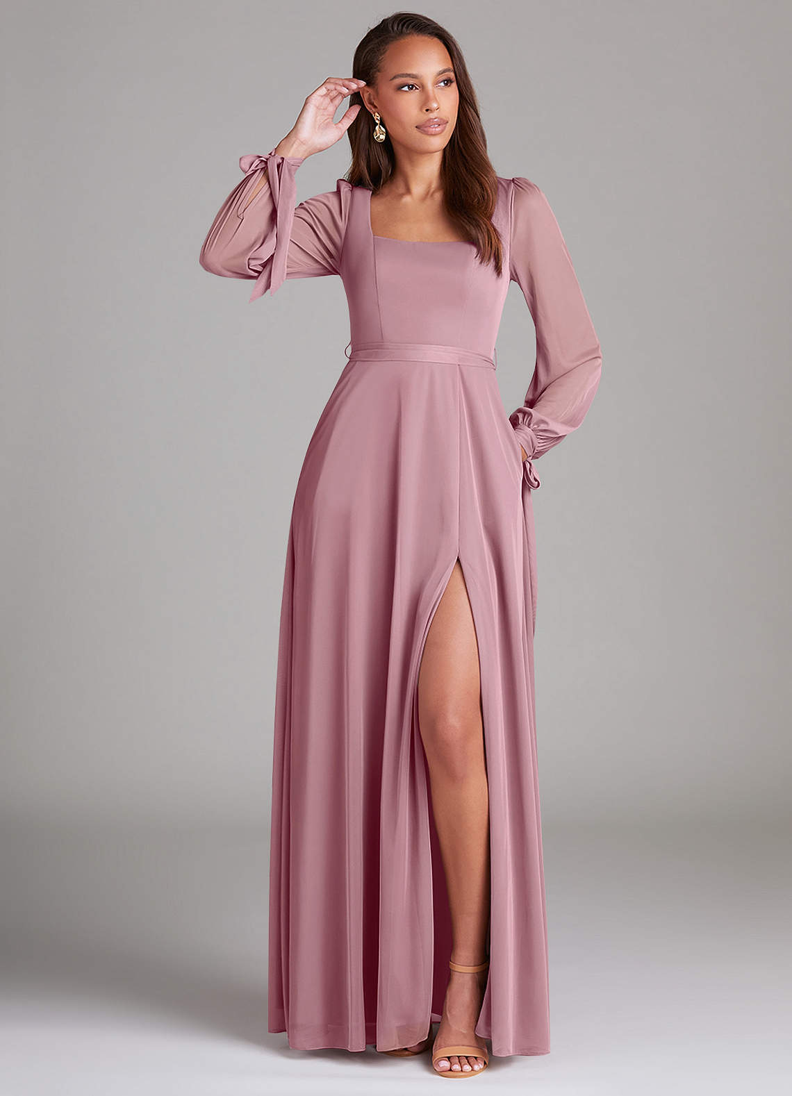 Azazie Leonia Brautjungfernkleider A-Linie Langarm Gittergewebe Kleid Vintage Mauve image1