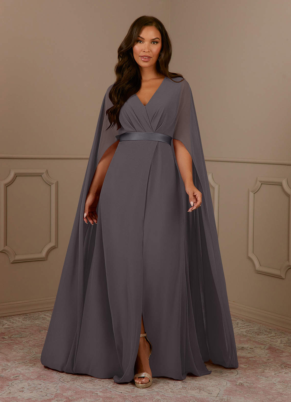Azazie Isa Mother of the Bride Dresses Steel Grey A-Line V-Neck Pleated Chiffon Dress image1